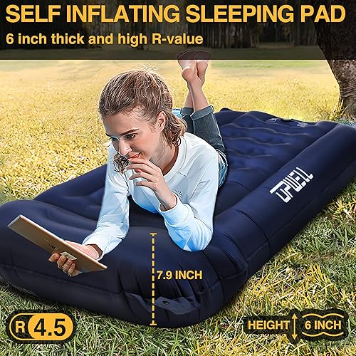 Miniatura 3 de UPWELL Colchoneta de dormir para campamento, tapete de dormir autoinflable de 6 pulgadas de grosor con almohada y bomba de pie integrada, colchón