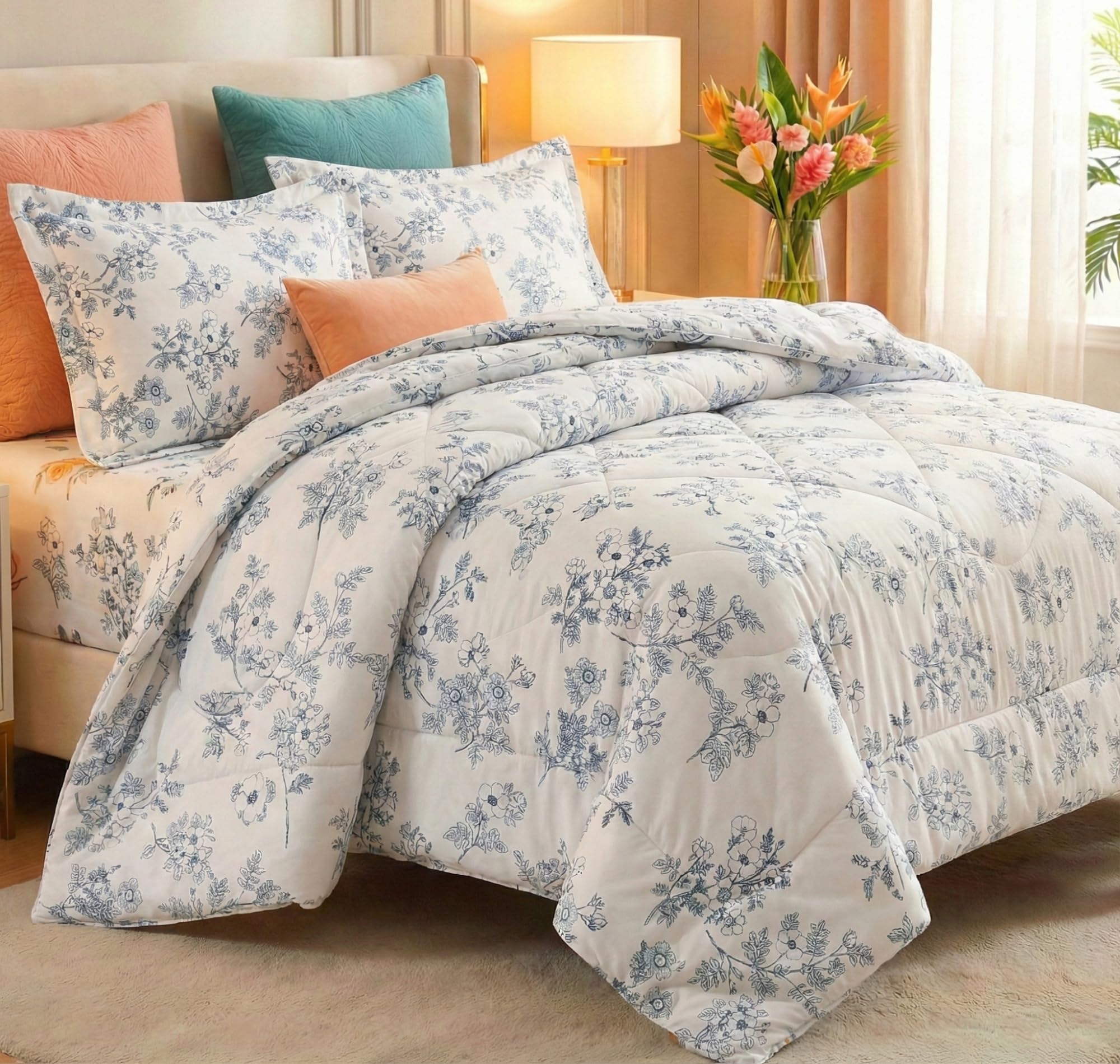 SANMARINO Cloud Cotton Floral 300 TC All-Season AC Comforter Set for Double Bed | King Size Comforter with 1 Fitted Bedsheet & 2 Large Pillow Covers | 4-Piece Bedding Set | Snow White & French Blue-image-4