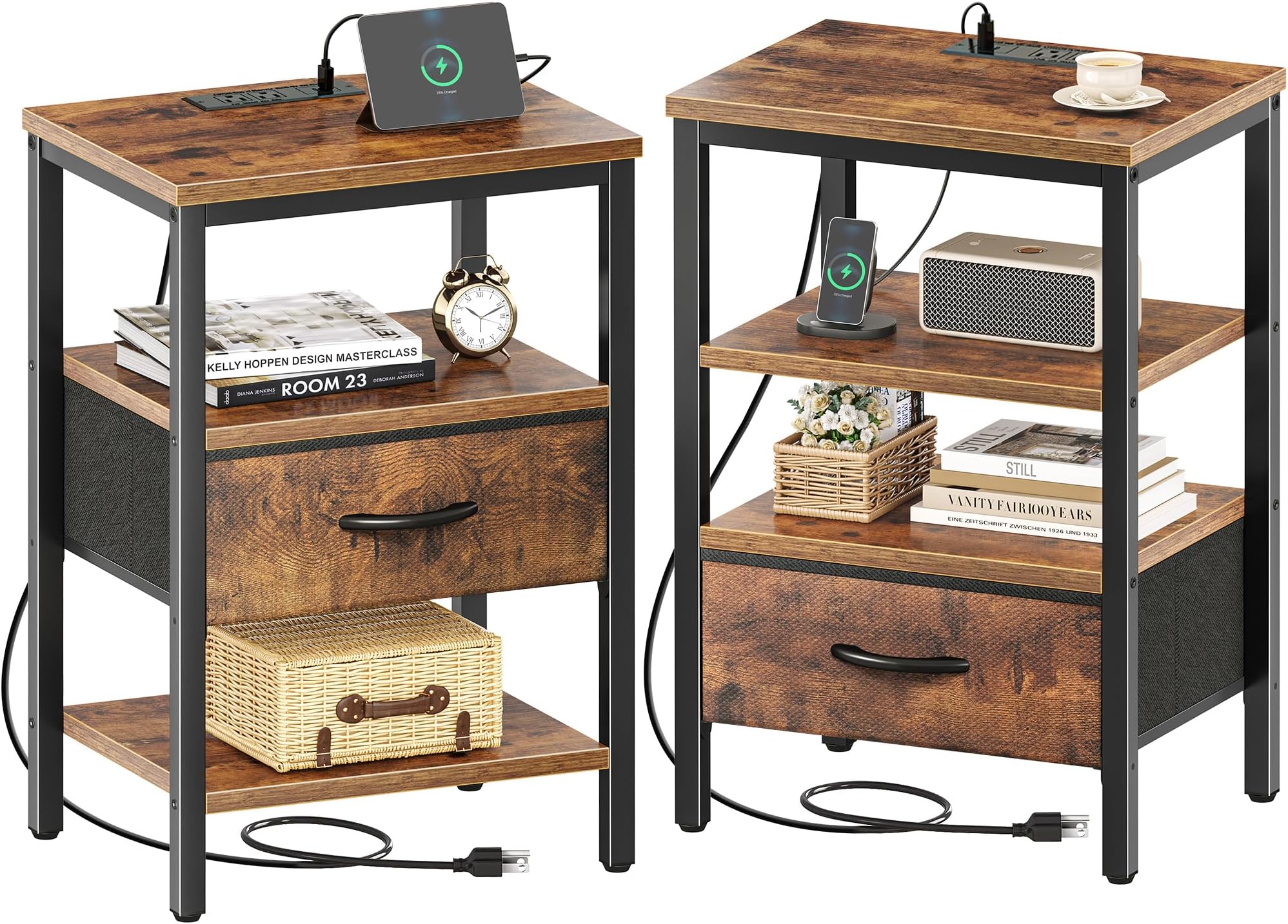 SUPERJARE Nightstand Set of 2, Bed Side Tables with Charging Station, Adjustable Fabric Drawer, Night Stand for Bedroom, 3-Tier Storage End Tables, for Living Room, Rustic Brown