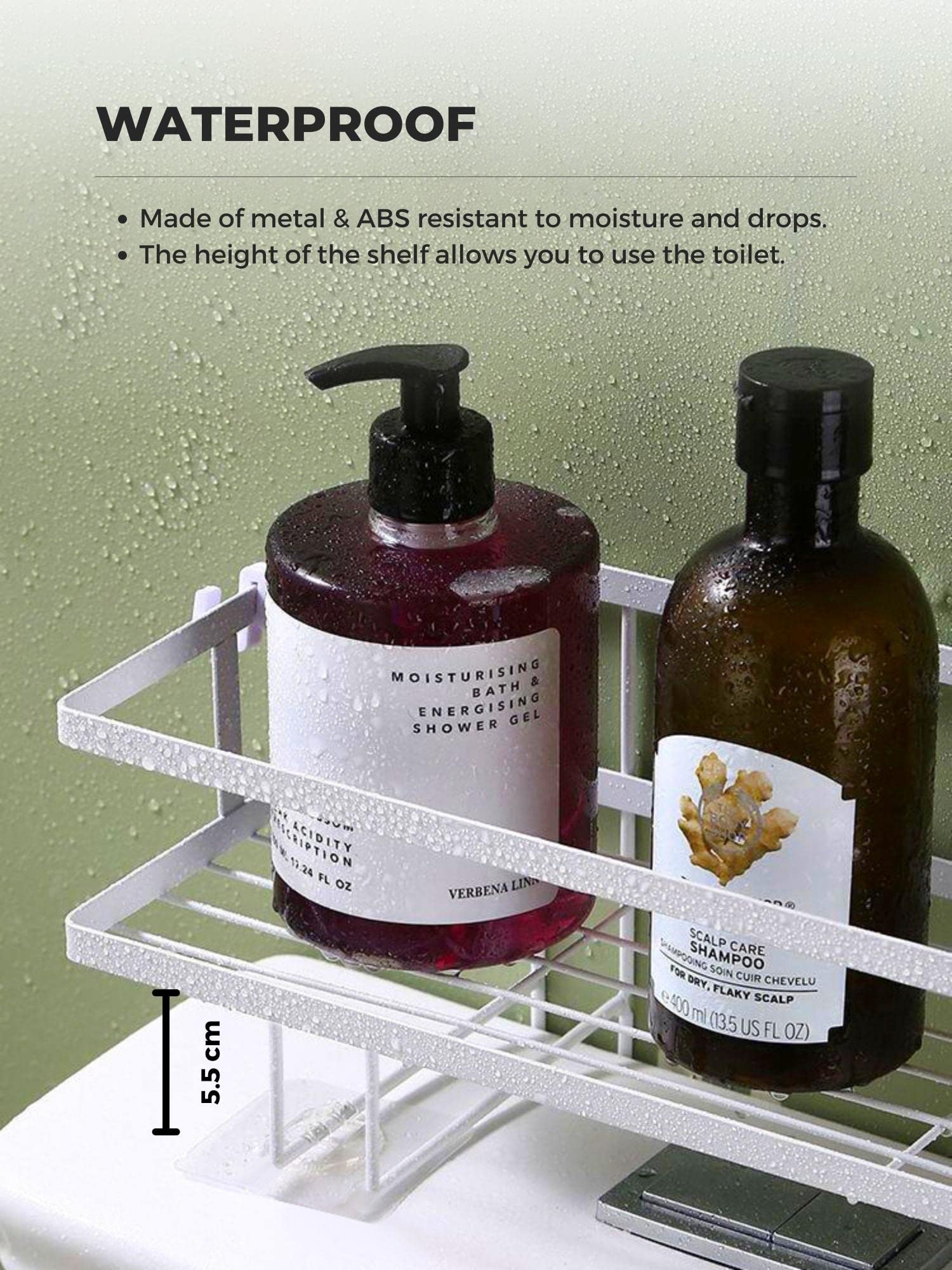 Estantería de Baño sobre el Inodoro. Organizador sobre el WC de Base Adhesiva con Tres Ganchos para Colgar Esponjas o Cepillos. Balda de Inodoro para Almacenar Papel Higiénico y Accesorios de Baño.