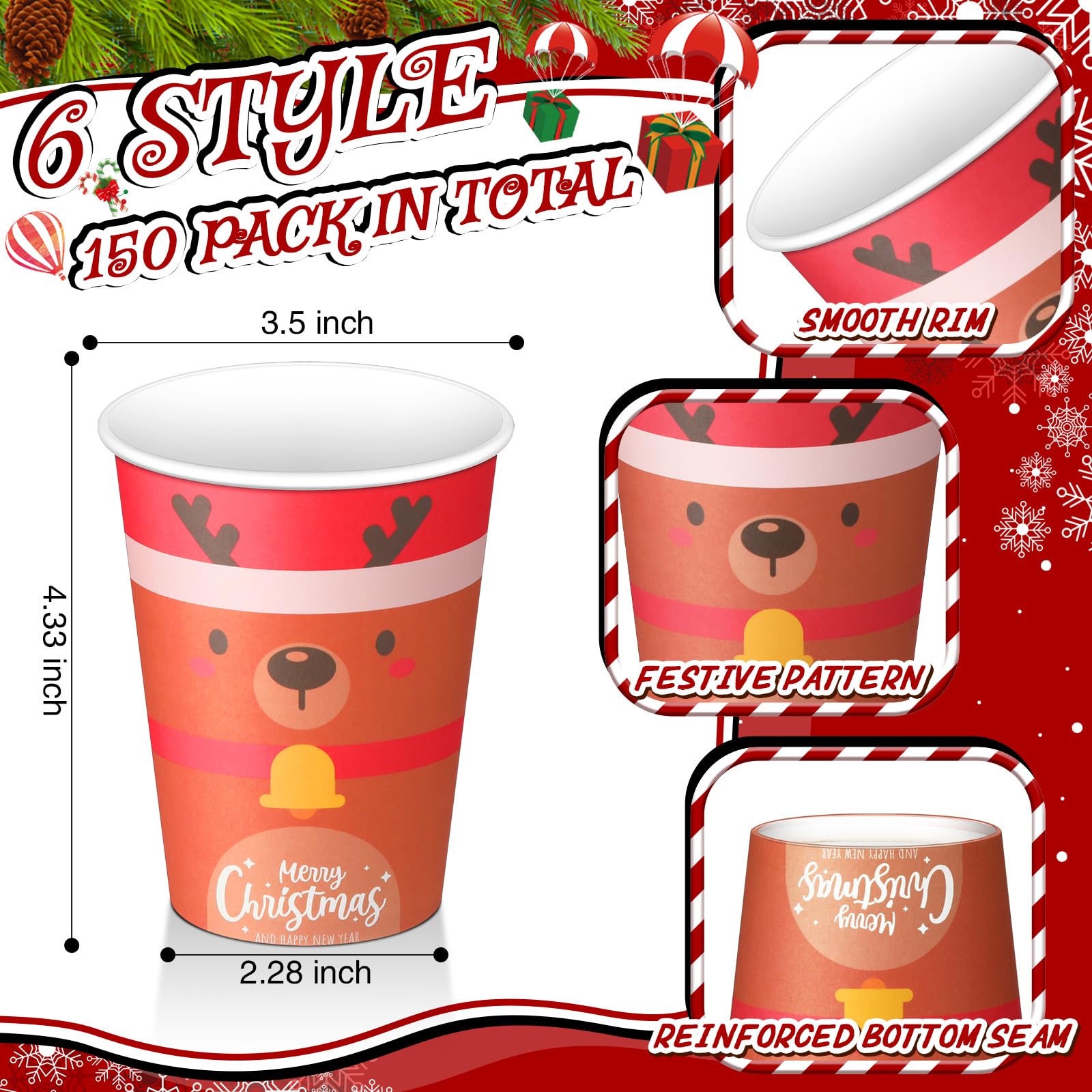 Umigy 150 Pack Christmas Disposable Cups 12 oz Disposable Paper Cup Holiday Party Cartoon Paper Cups for Adults Kids Hot Cold Beverage Juice Snack and Drink Cup Hot Coffee Cups Decoration Supplies