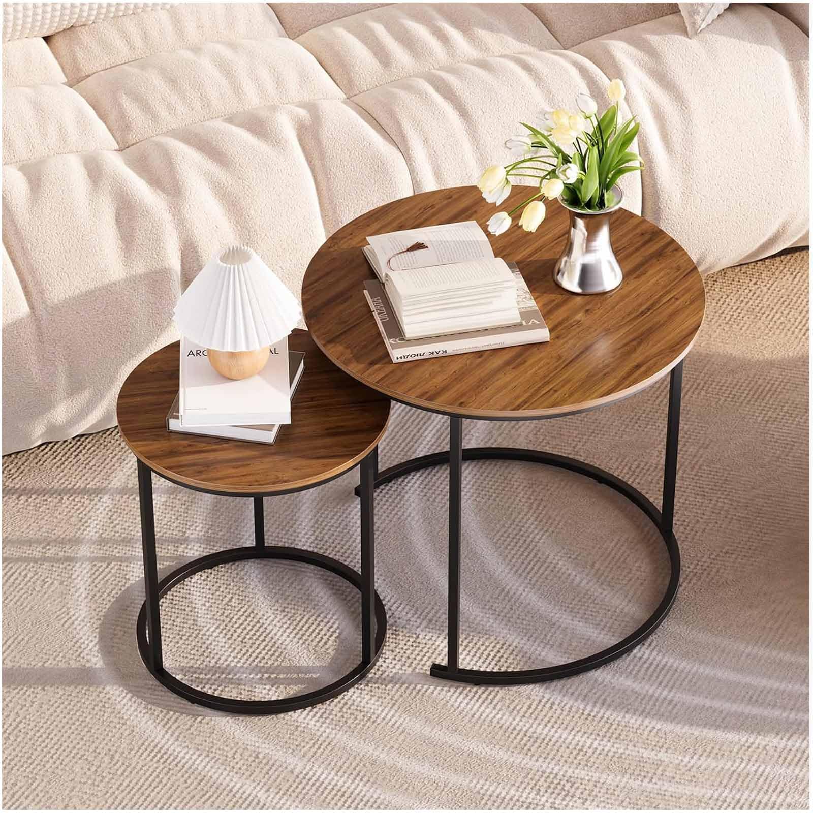 SXZenSpace Coffee Table Nesting Rustic Set of 2 Side, Round MDF Table, Industrial End Side Tables for Living Room Bedroom Apartment Balcony Yard, Oak MDF,Brown