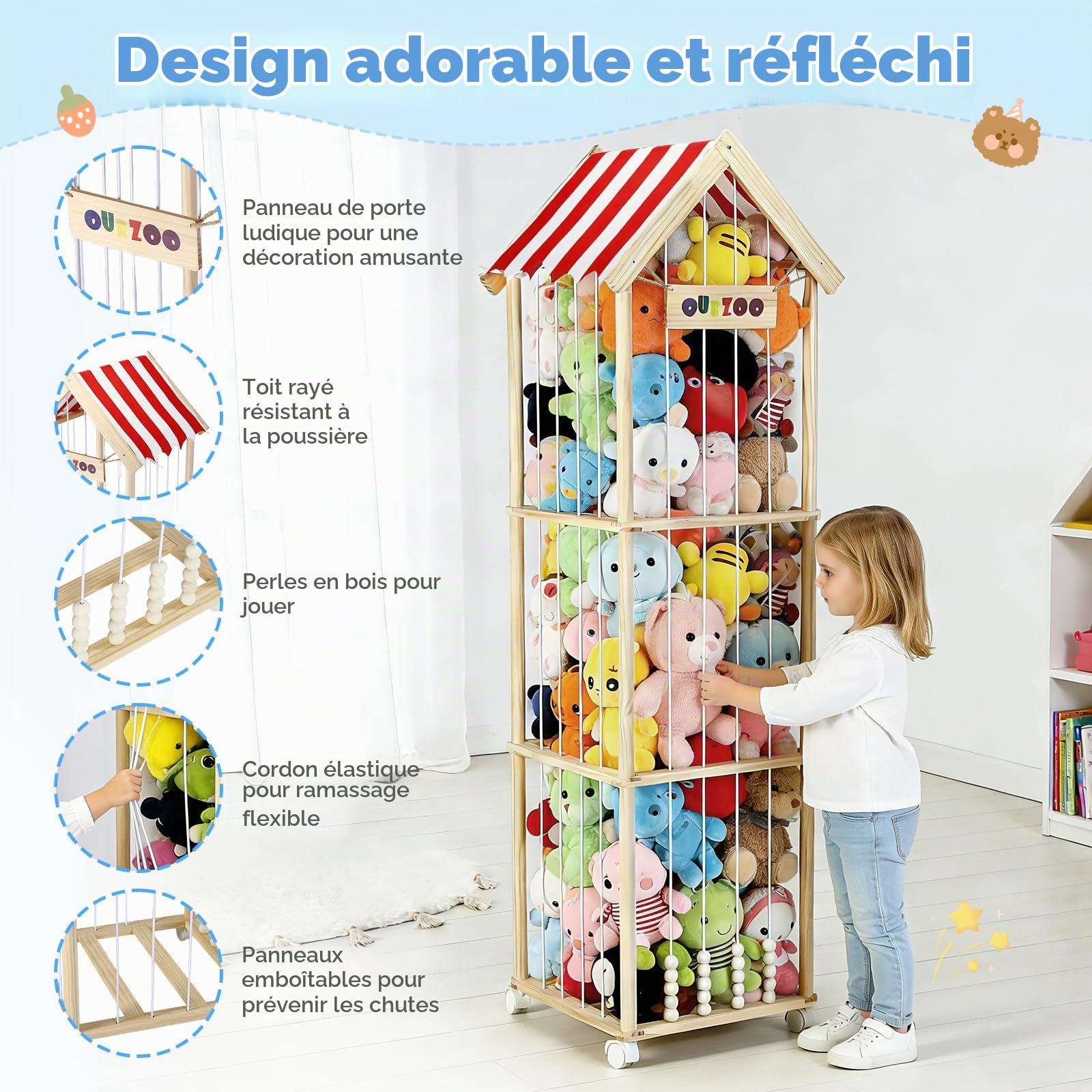 Rangement pour Peluches, 151x46x46CM Rangement Peluche Enfant en Bois Massif, Range Peluche avec Roulettes Pivotantes Verrouillables à 360° pour Chambre de Bébé, Salon, Chambre D'enfant