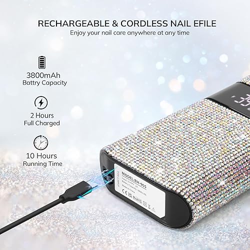 Miniatura 4 de Lavinda Diamond - Taladro de uñas recargable profesional 35000 RPM lima de uñas eléctrica inalámbrico portátil con motor sin núcleo para uñas