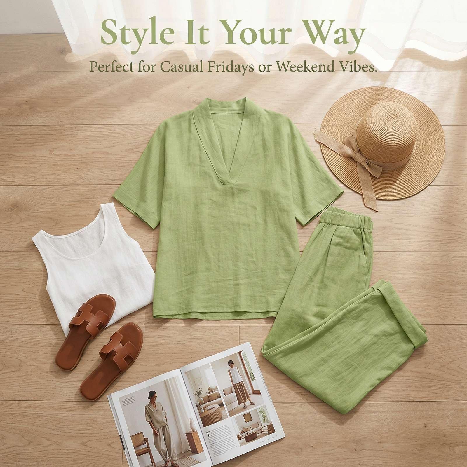 Generisch Completo da donna a due pezzi alla moda, comodo e semplice, in lino e cotone (top e pantaloni) per vacanze estive e viaggi, ideale per abbigliamento sportivo (modello 2026).