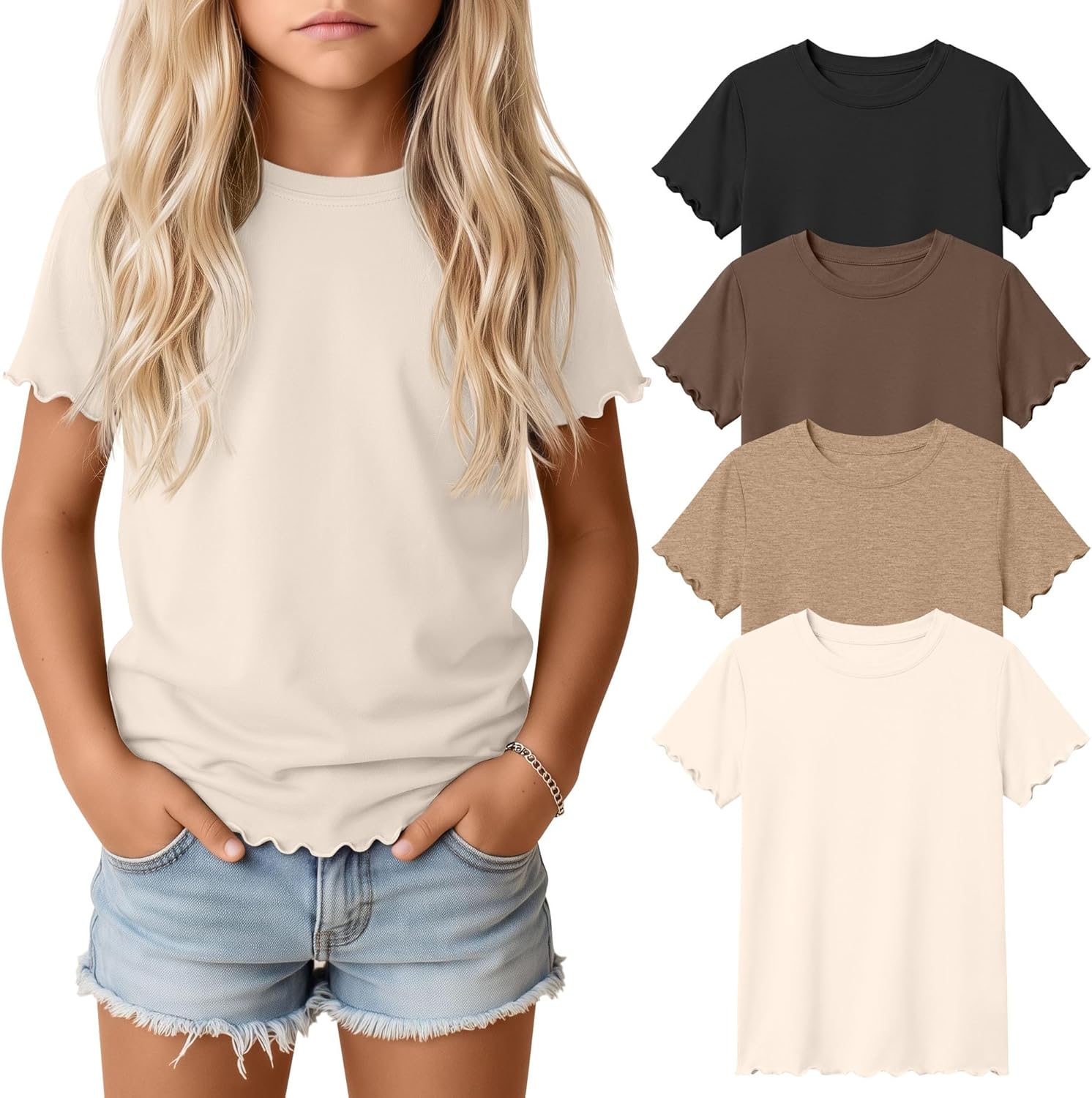 Oakgarden 4 Pack Girls Short Sleeve T-Shirts Kids Summer Tops Crewneck Lettuce Trim Teens Comfy Slim Fitted Tees 5-16 Years