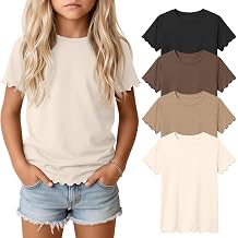 Oakgarden 4 Pack Girls Short Sleeve T-Shirts Kids Summer Tops Crewneck Lettuce Trim Teens Comfy Slim Fitted Tees 5-16 Years