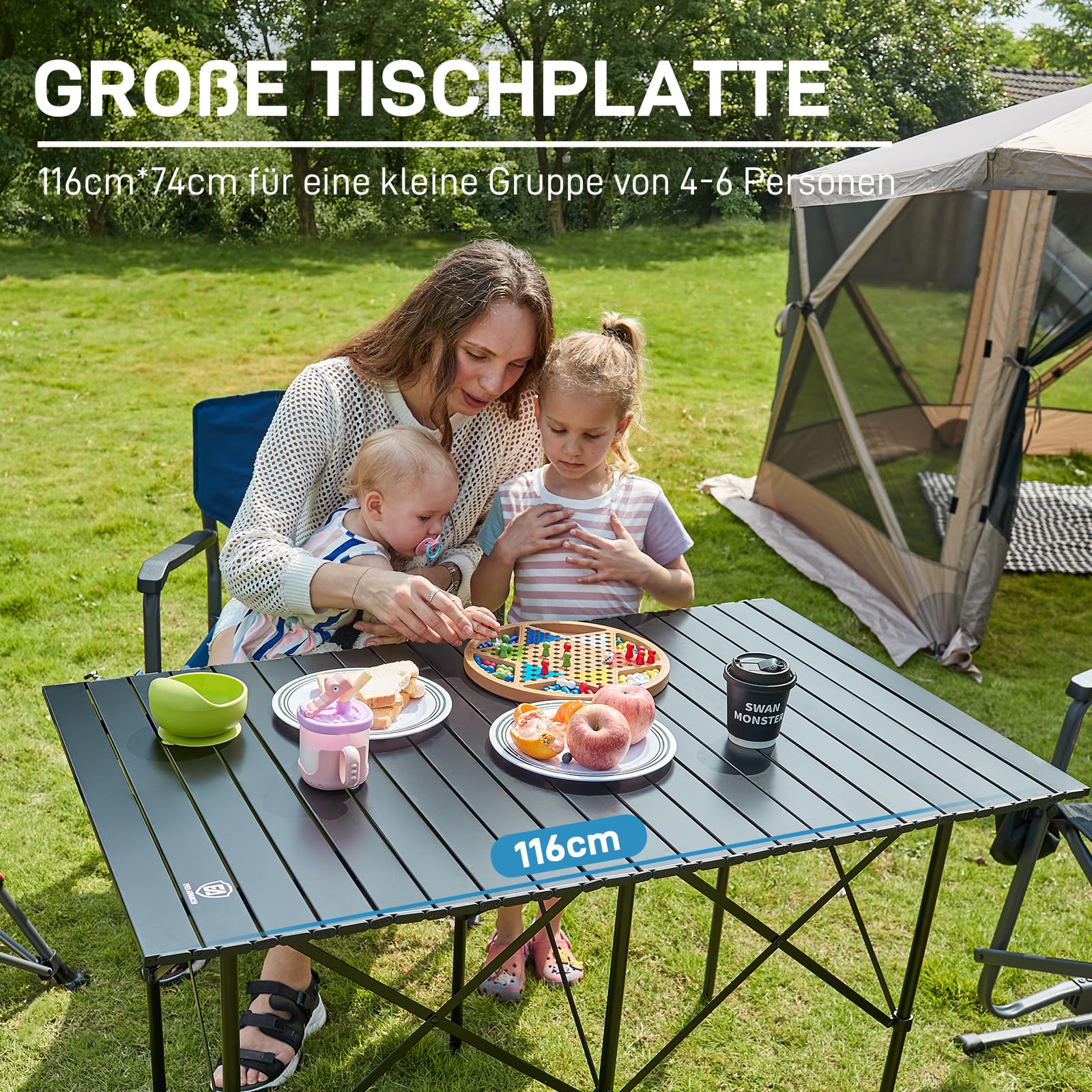 EVER ADVANCED Campingtisch Klappbar 116X70CM für 4-6 Personen Klapptisch 80KG Belastbar, Aluminium Tischplatte, Falttisch mit Tragetasche für Camping Picknick Garten Balkon Schwarz
