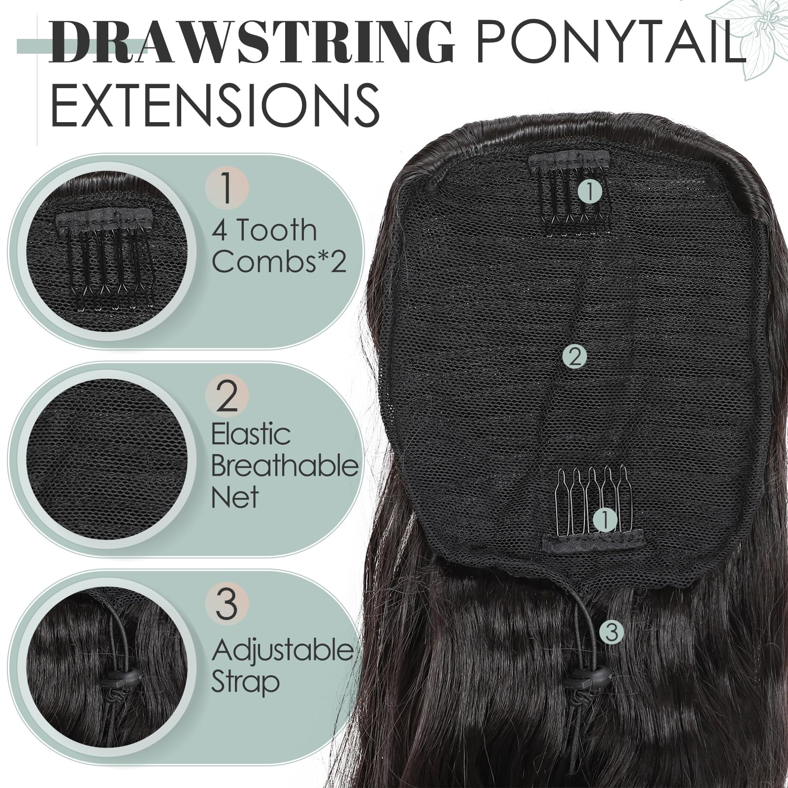 TESS Wavy Ponytail Extension, Drawstring Clip in Ponytail Hair Extensions, Long Hair Extensions, 24 Inches 160g, Natural Black - Image 4