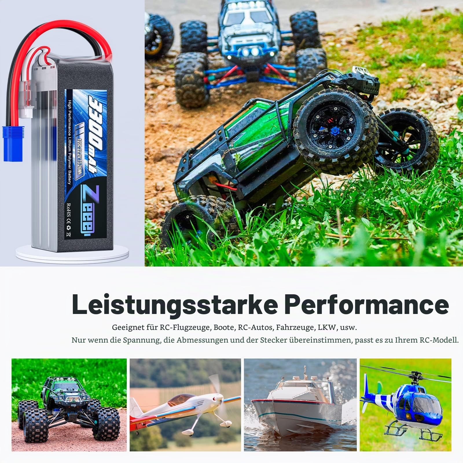 Zeee 6S Lipo 3300mAh 22,2V 120C RC Akku mit EC5 stecker(2 Packungen) | RC Batterie für RC-Flugzeuge, Hubschrauber, RC-Autos, LKWs, Panzer, Drohnen, Rennsport, Hobby