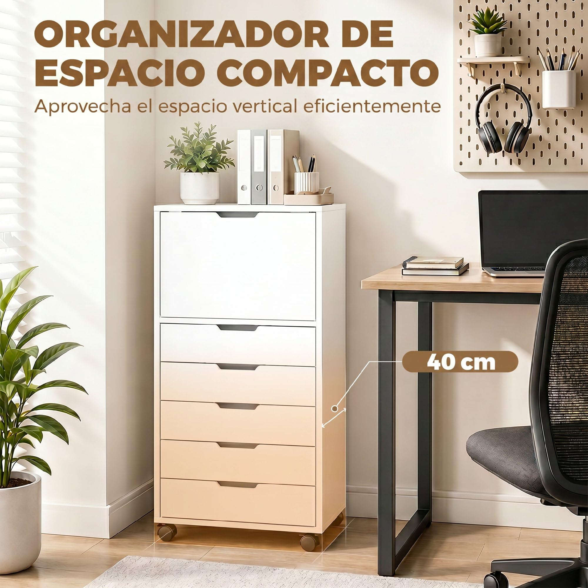 HOMCOM Cajonera Escritorio con 5 Cajones con Ruedas y Armario Blanco | Cajonera de Oficina, Cierre Suave, Soporte para Impresora, Mueble Archivador, para Oficina en Casa