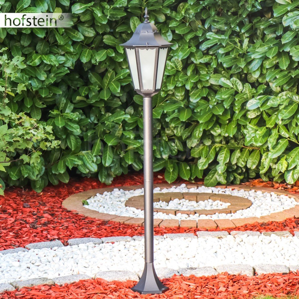 Buitenlamp Hong Kong Frost, staande lamp in antieke look, gegoten aluminium in mat zwart met matglazen ruiten, padlamp 120cm, retro/vintage tuinlamp, E27 fitting, IP44, zonder gloeilampen
