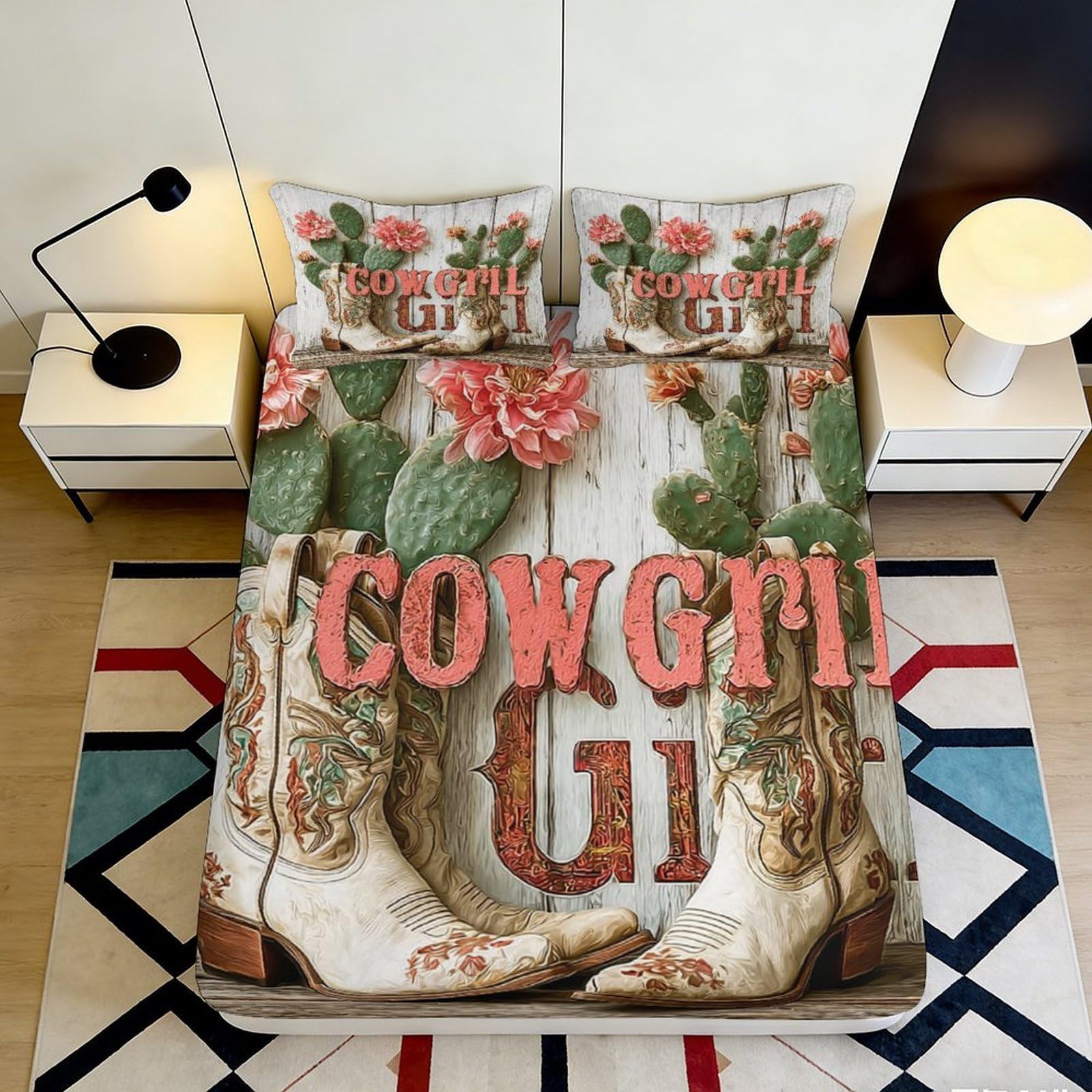 3D Printed Western Floral Fitted Sheet Microfiber Soft Breathable Cowboy Cactus Bed Cover for Bedroom Dorm Decor 90x200x25cm