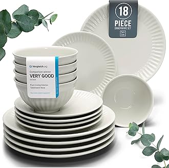 18-Piece Dinnerware Set - Bowl and Plate Set - Stoneware Dining Set for 6 People - Dishwasher and Microwave Safe - Grooved Dining Service in Beige
