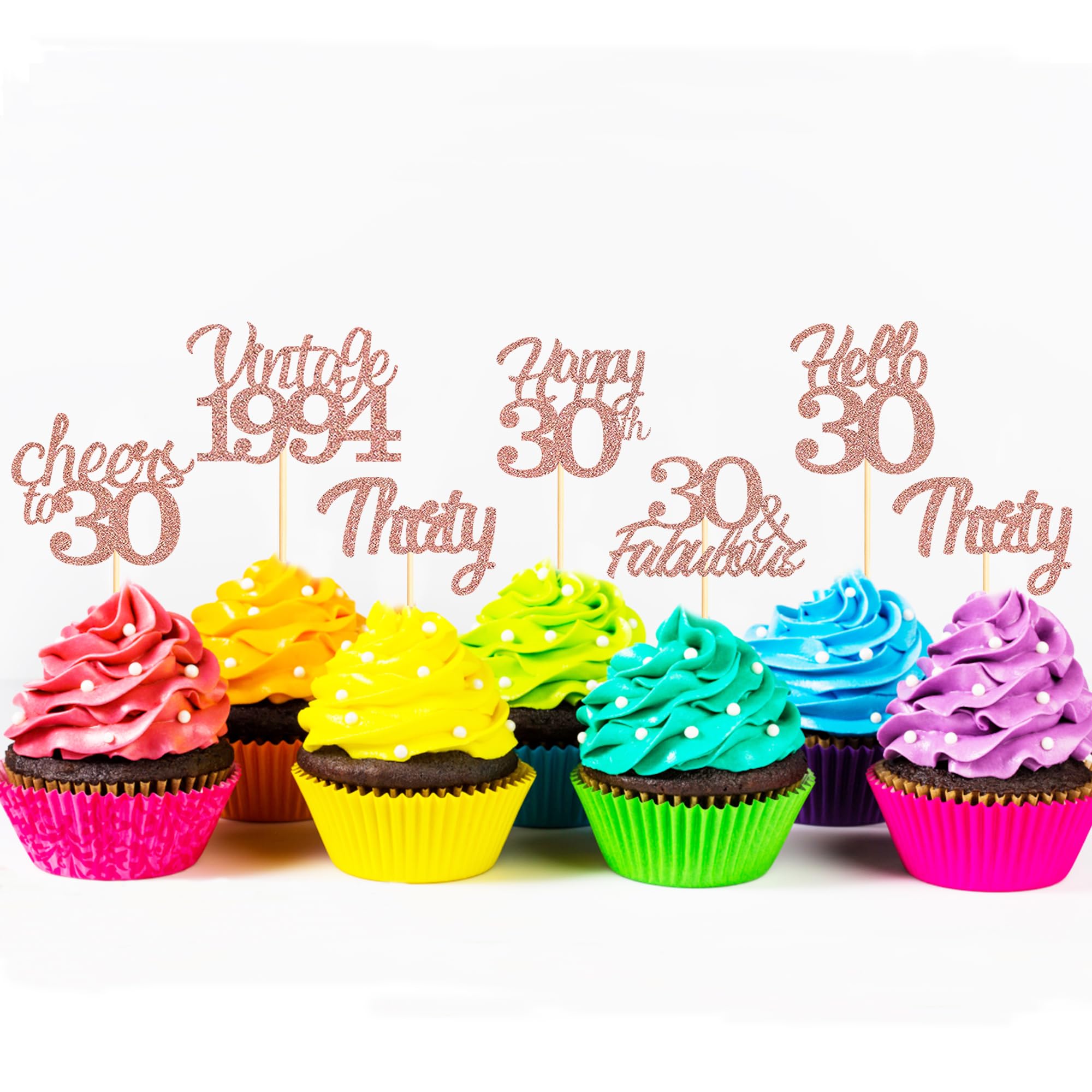 Sotpot 30 Decorazioni Per Cupcake Per 35° Compleanno – Oro Rosa Glitterato, 6 Stili Diversi (Hello 35, Cheers, Favolosa, Ecc.)
