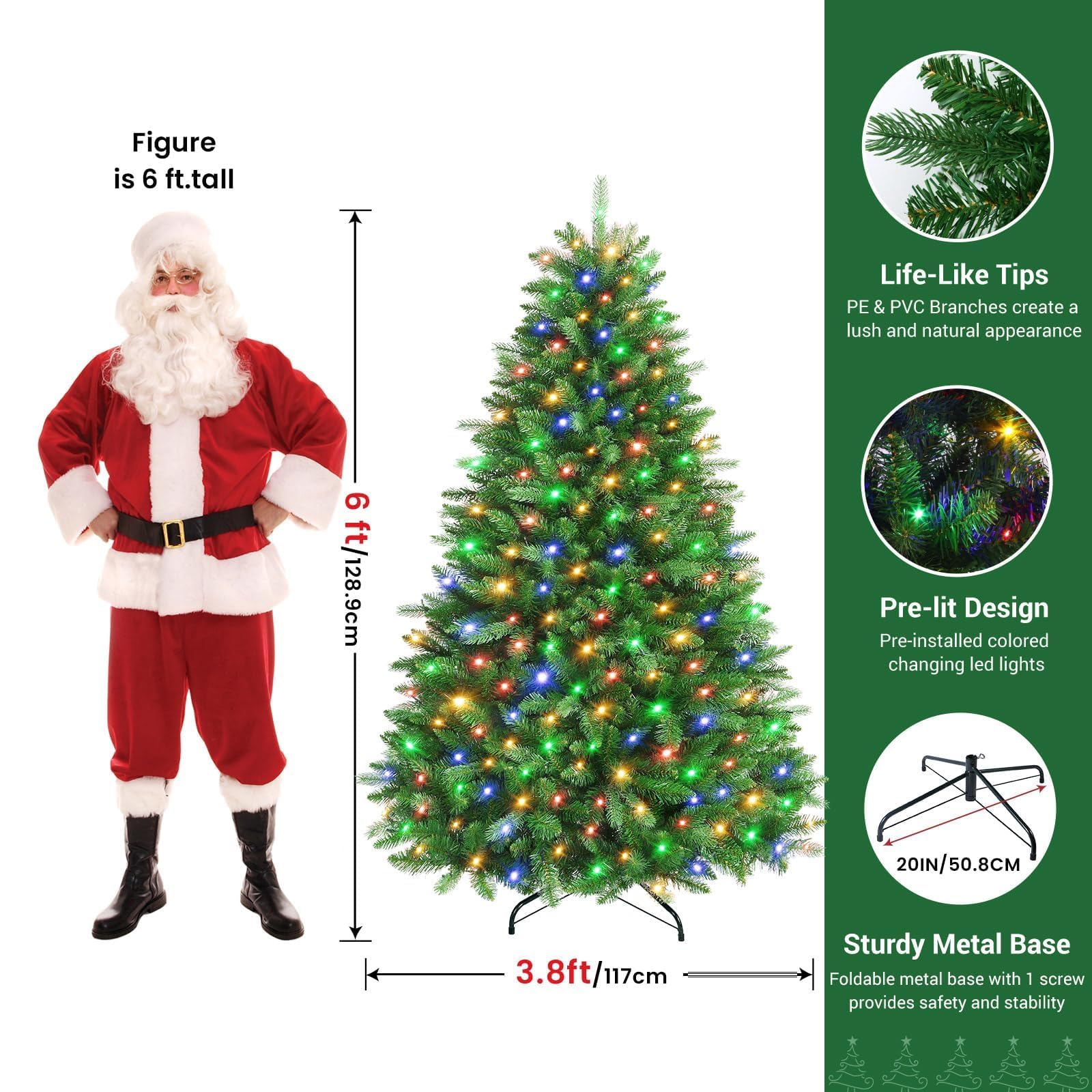 SHareconn 180 cm Arbol de Navidad Artificial con Luces Led, con 1322 PE y PVC Puntas de Rama, con 350 Luces Blancas Cálidas & Multicolores y 12 Modos de luz, Soporte de Metal Plegable, Montaje Rápido