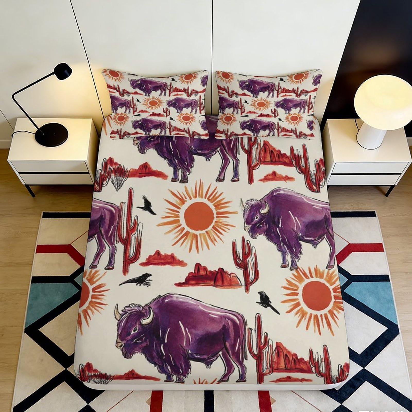 Dhbaneiok Style-2 3D Printed Purple Buffalo Fitted Sheet Microfiber Soft Cactus Sun Western Mattress Cover Bedroom Dorm Decor 90X200x25cm
