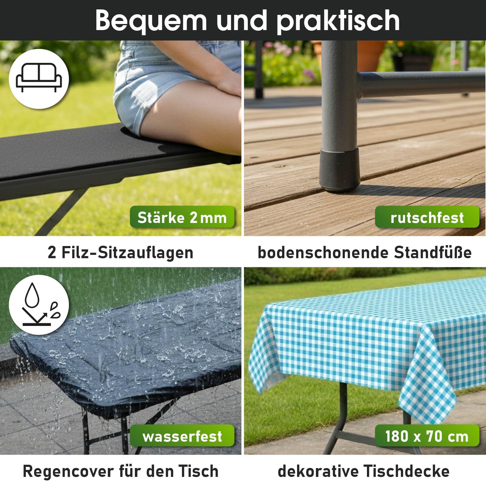 BRAST Bierzeltgarnitur Josef | 3er Set klappbar | 1x Tisch 180x74x74cm & 2X Sitzbank | für 10 Personen | 2 Varianten | inkl. Gratis Zubehör | Einrastsystem & Tragegriffe | Schwarz