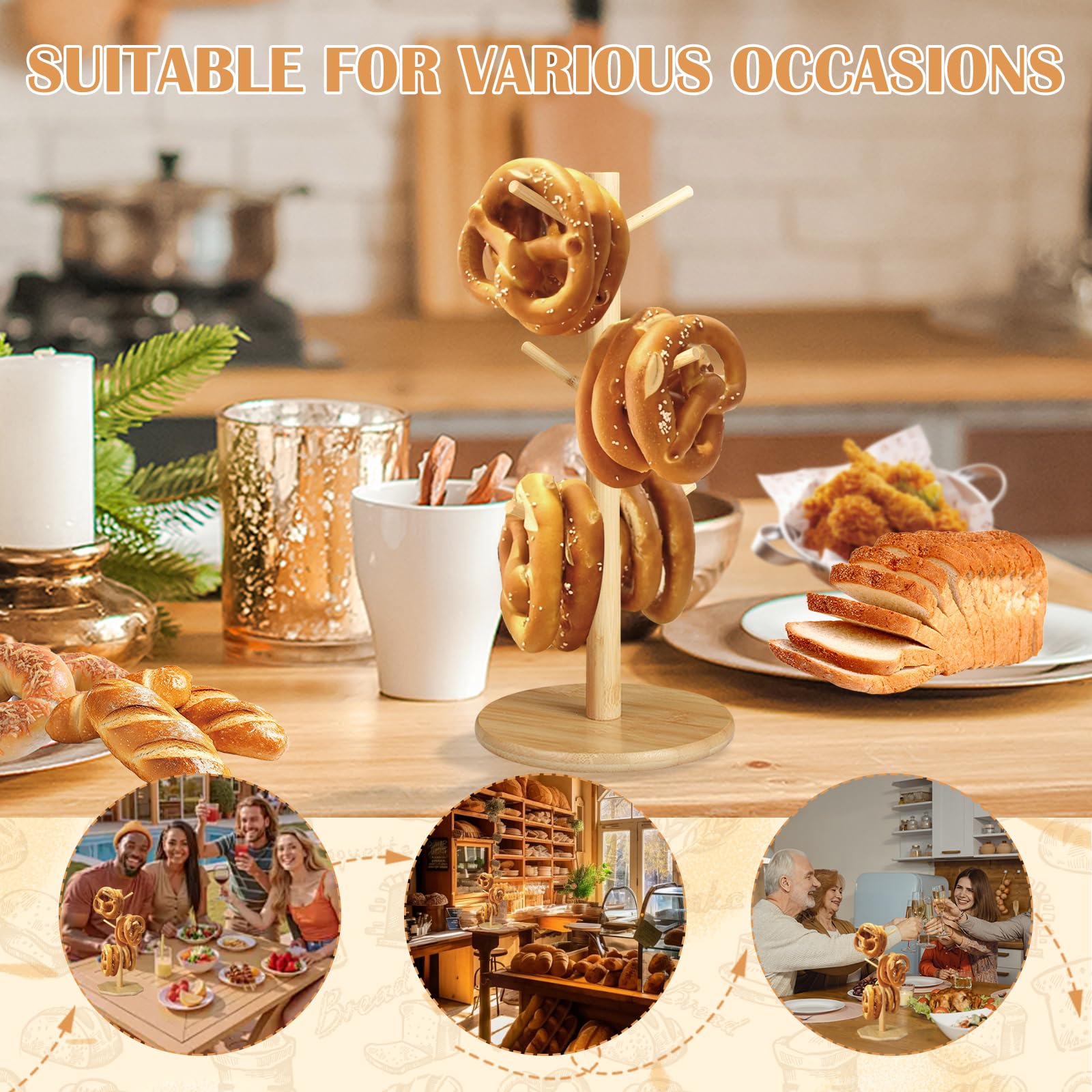 2 Stück Brezelständer, Holz Brezelhalter in Baumform, Donut Ständer Snack Display, 6-armig, Höhe 35cm, für Brezeln Würste Laugenbrot, Küchen,Cafés,Bäckereien,Restaurants (Runder Sockel)