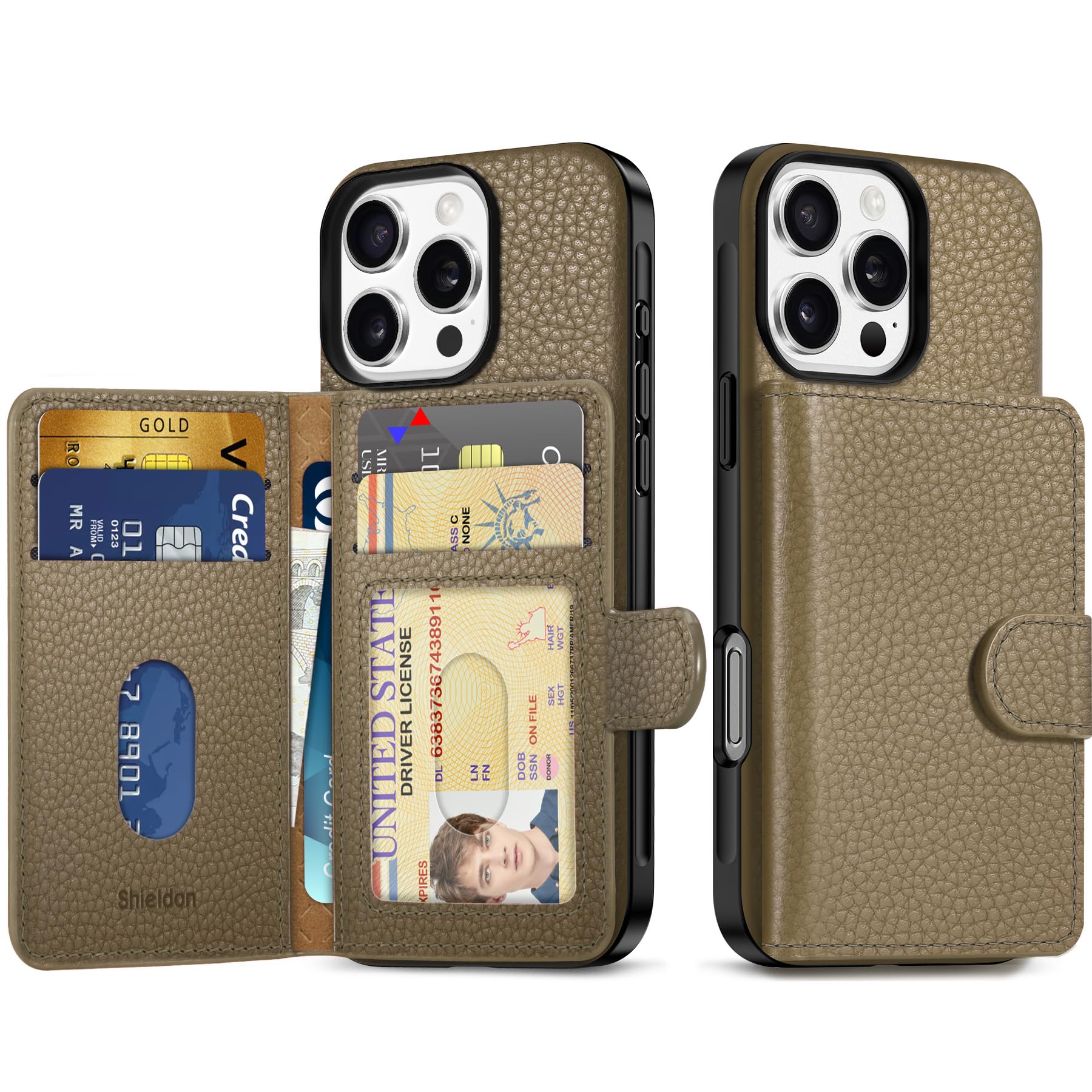 SHIELDON Wallet Case for iPhone 16 Pro 6.3", Genuine Leather Non-Detachable Magnetic RFID Blocking Card Wallet with 6 Card Slots, Slim Shockproof Cover Compatible with iPhone 16 Pro - Pebbled Khaki
