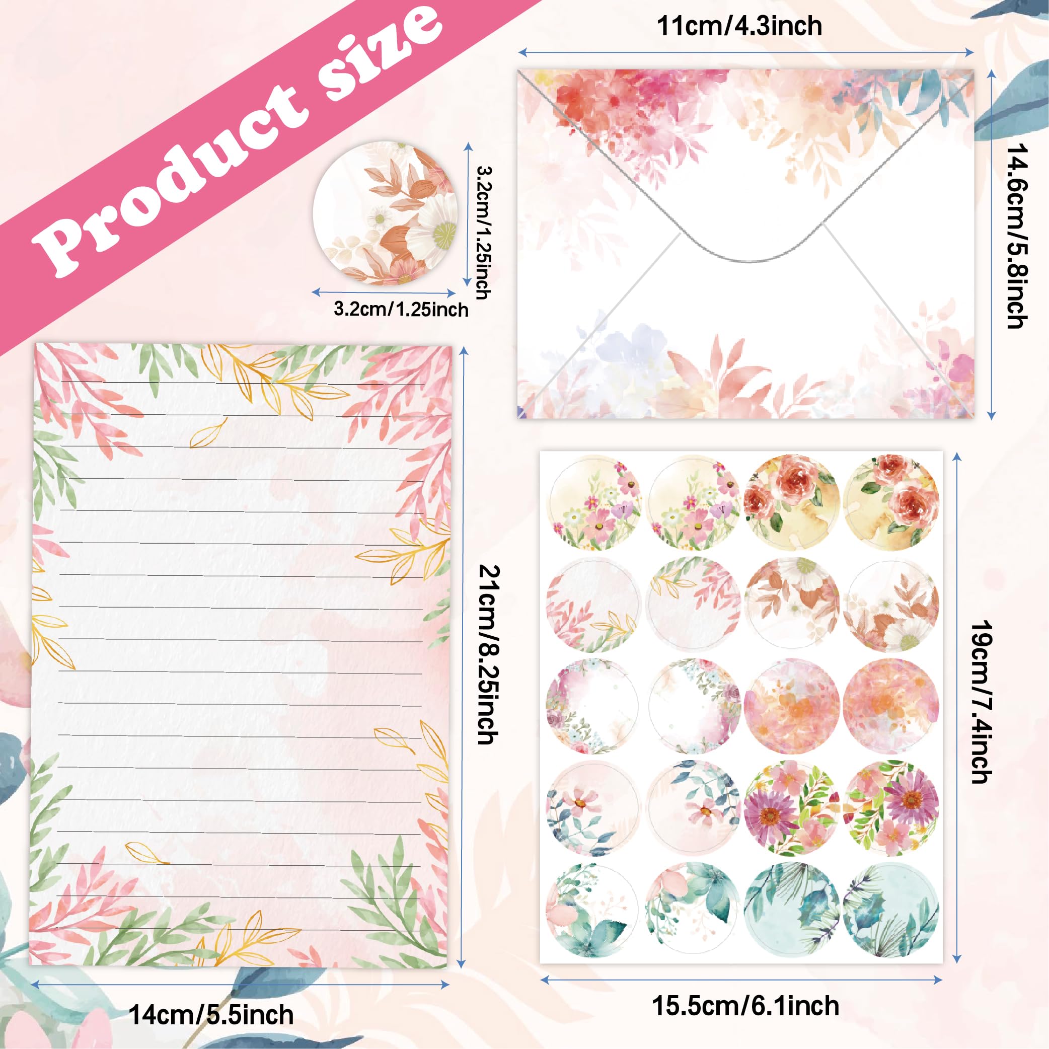 Briefpapier-Umschläge-Set, 160 Stück, 50 linierte Briefpapier, 50 Umschläge, 60 Punkt-Aufkleber, Vintage/Blumen/Blatt/Aquarell, verschiedene Stile (Schreibwaren, 160 Stück, Floral)