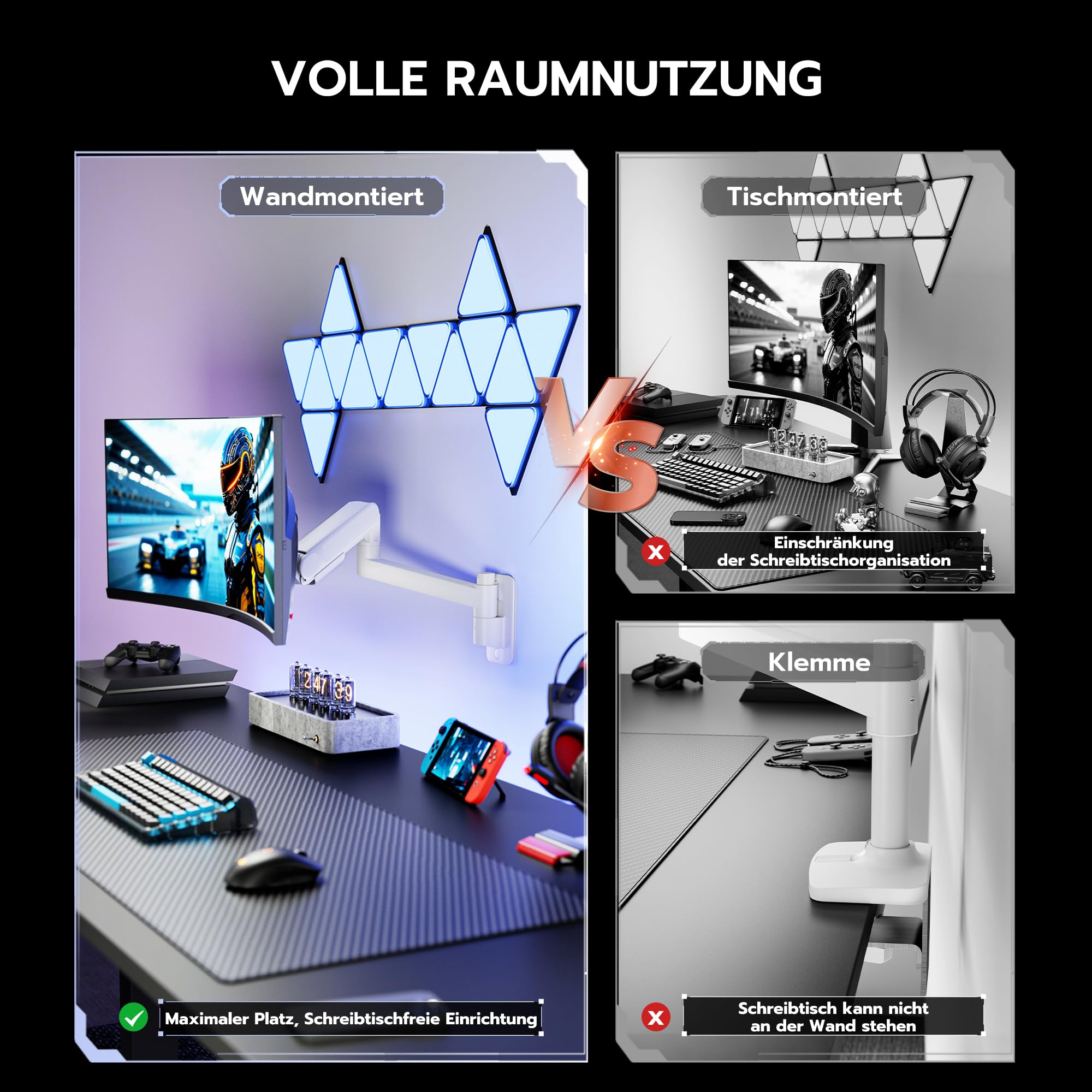 ARES WING 24-57" Monitor Wandhalterung - für Bildschirm bis 27 kg, Gasfeder Monitor Halterung Wand Höhenverstellbar Neigbar Schwenkbar, VESA 75/100, Monitor Halterung für Büro & Gaming, Weiß