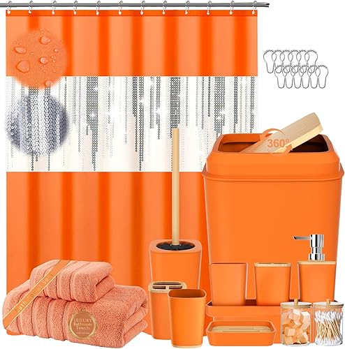 Juego de accesorios para baño con cortina de ducha de lentejuelas, decoración de baño naranja con toalla