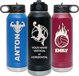 Custom Personalized Laser Engraved 12 20 32 40 oz Water Bottles with Name & 18 Sport Icon, Custom Water Bottle Stainless Steel Double Wall with Lid and Straw