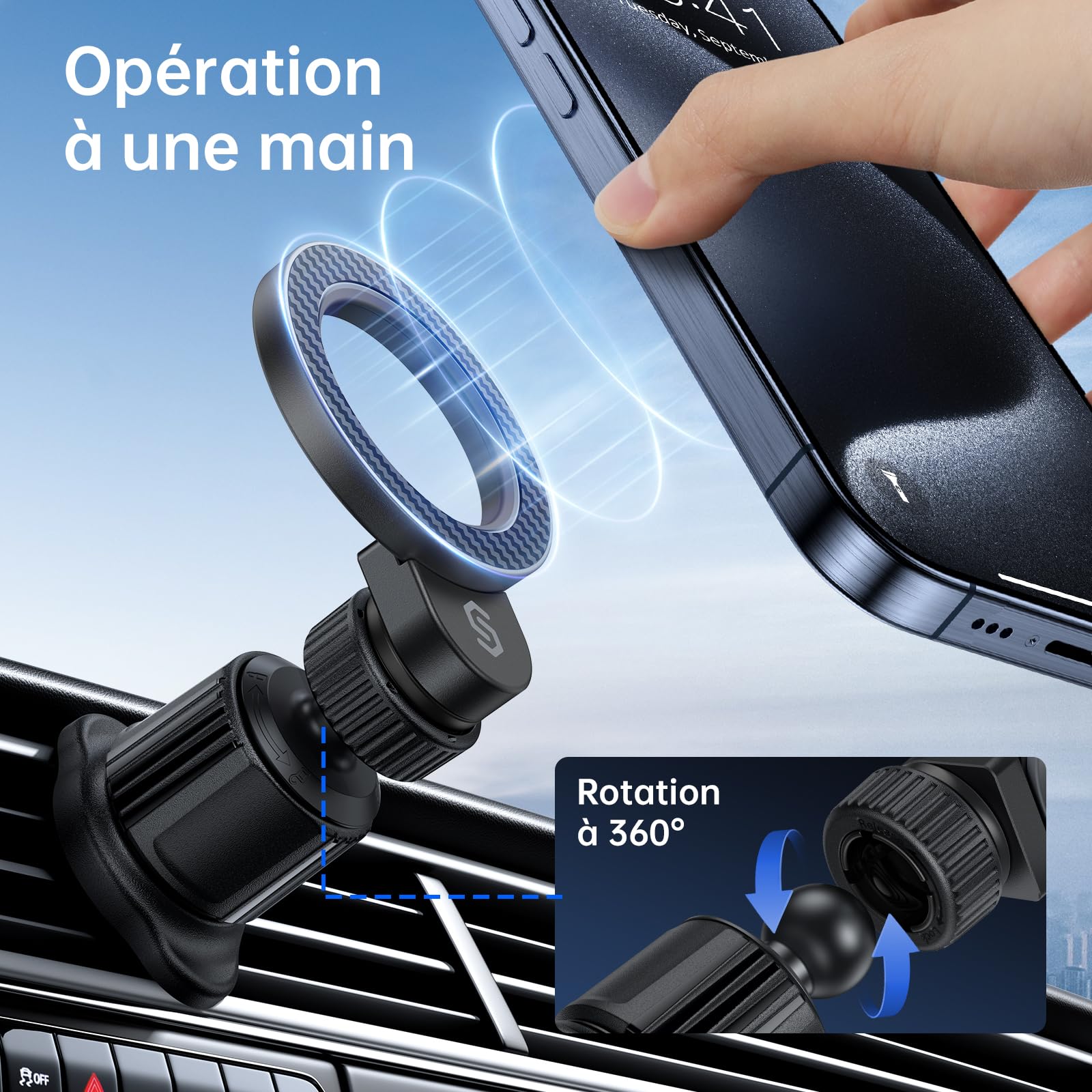 SYNCWIRE pour Support Voiture MagSafe, [Ventilation en Anneau] Support Téléphone Magnétique à Rotation 360 Degrés, Compatible avec iPhone 17 16 15 Pro Max 14 13 12, Samsung, Style en Fibre de Carbone