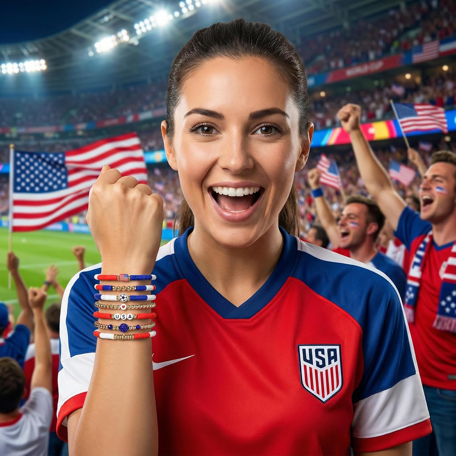 World Soccer Game-day Cup Bracelet Stack Set 7pcs Softball/Baseball/Basketball/Soccer/Volleyball/Tennis/Football Stretch Sports Fans Jewelry Sports Beaded Bracelets with Charms