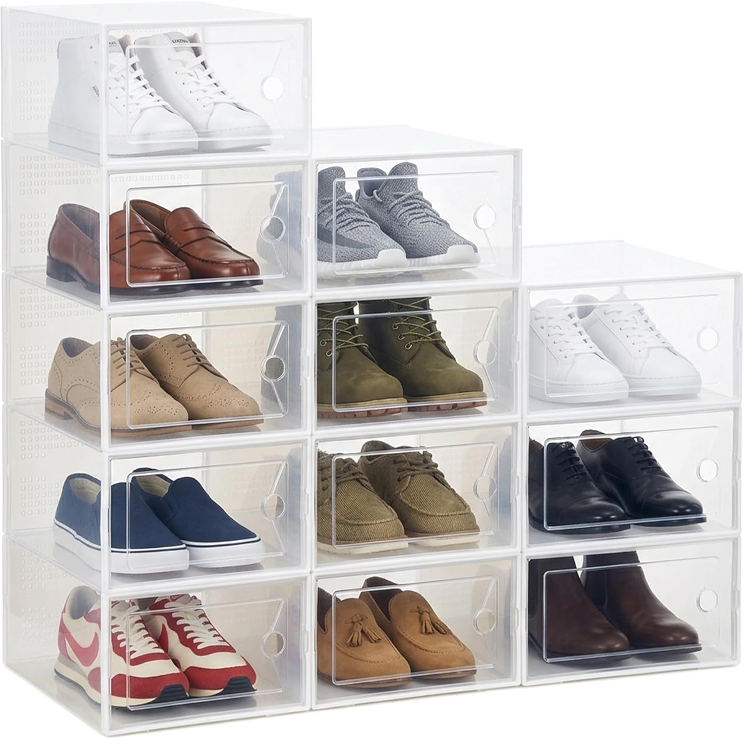 HealSmart 12-Pack X-Large Shoe Storage Boxes, Stackable Plastic Shoe Organizer with Lids, Large Shoe Rack & Storage Containers for Closet, Under Bed, Entryway, White