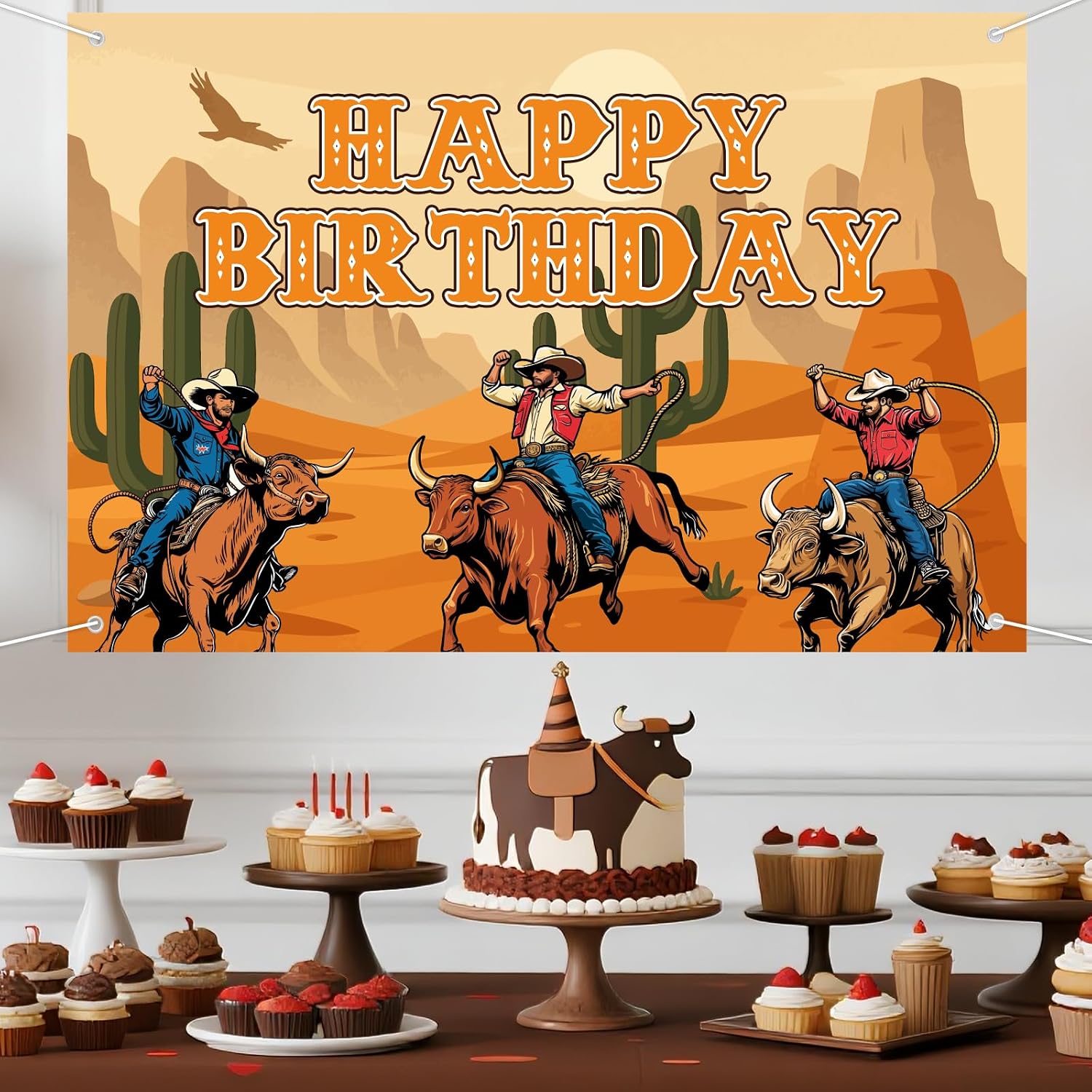 Bull Riding Birthday Backdrop, Country Western Cowboy Party Decorations Rustic Cow Brown with Rodeo Elements Photo Booth Background Sport Competition Theme Party Supplies