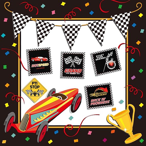 Gejoy 12 Pcs Race Car Party Signs Checkered Flags Cutouts Racing Theme