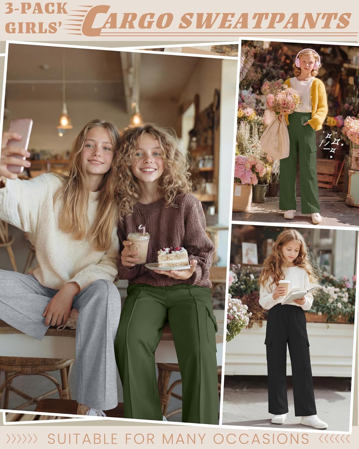 3 Pack Girls Wide Leg Sweatpants Cargo Pants High Waisted Baggy Causal Loose Kids Elastic Waistband Pants Joggers - Image 4