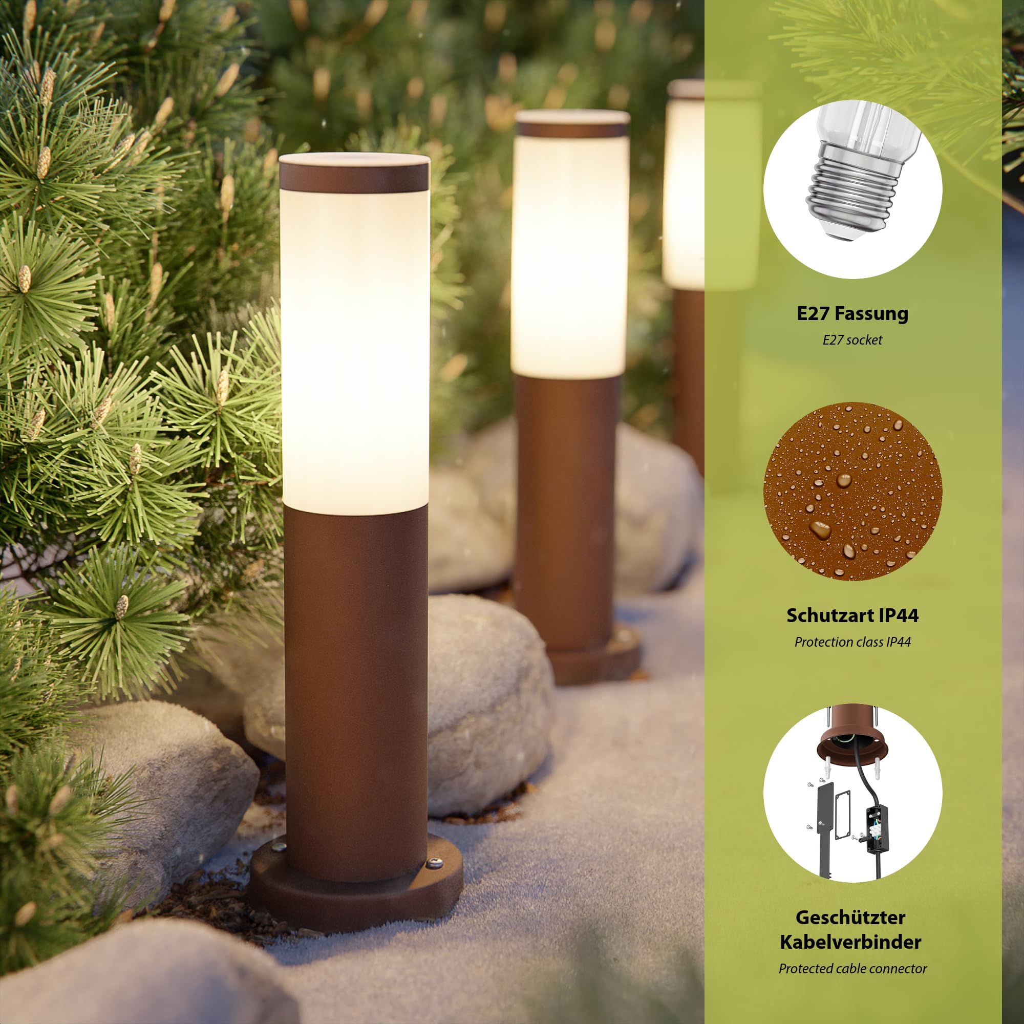 ledscom.de 5 pz. bitta luminosa PORU per esterni, IP44, 39cm, marrone, incl. lampada E27 471lm, bianco extra-caldo