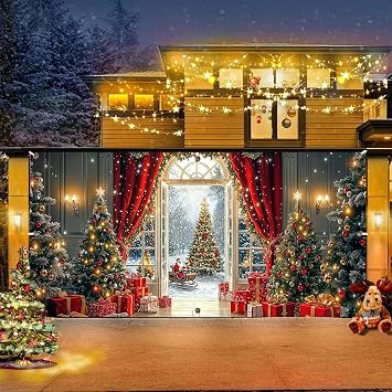 16X7ft Winter Christmas Garage Door Cover Decorations, Xmas Outside The Window Santa Claus Tree Snowy Garage Background, New Year Holiday Christmas Family Party Window Yard Decor Supplies