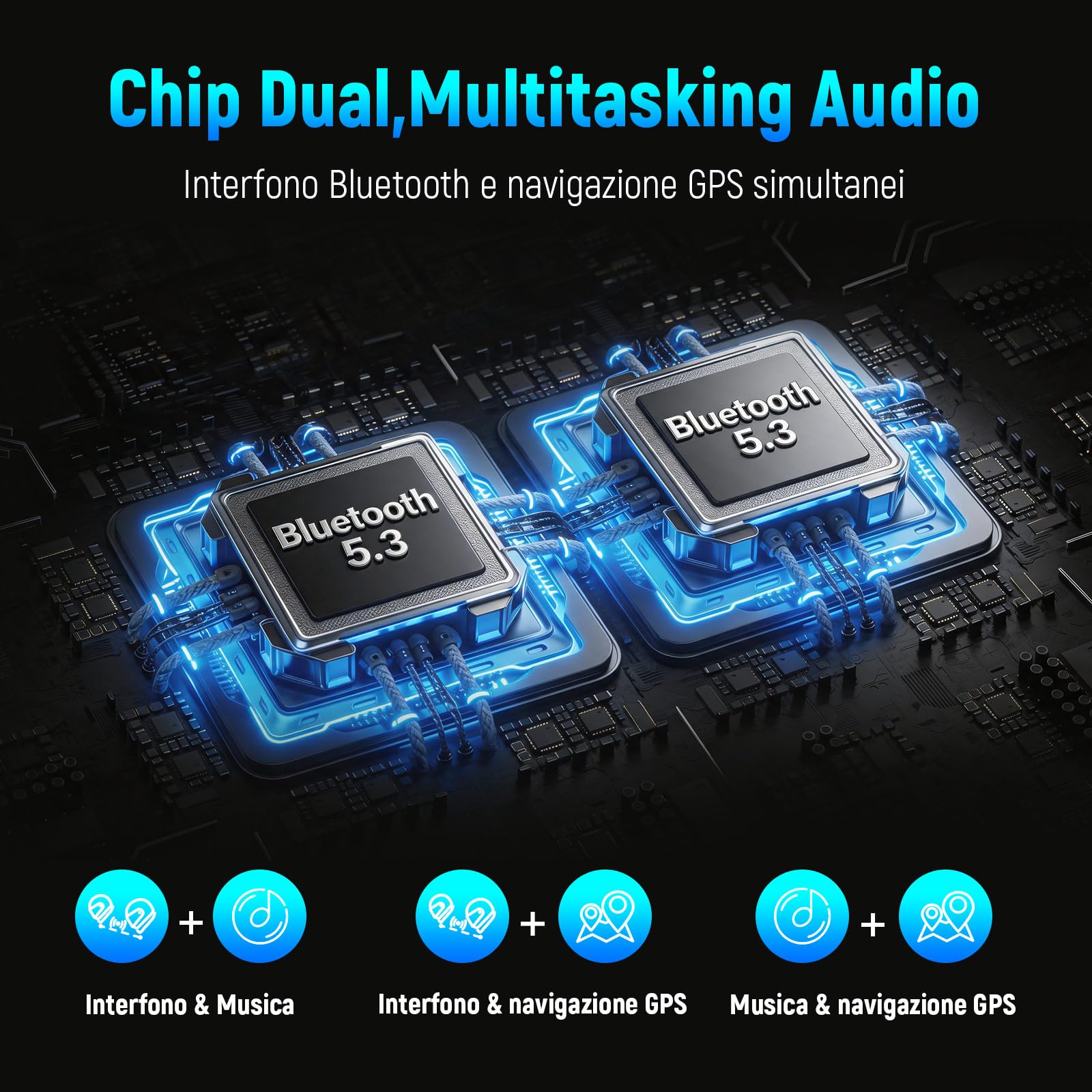 L2 Interfono Moto Bluetooth 5.3, Auricolare Casco Impermeabile IP67 | Interfono moto con batteria 1000mAh per 35H di autonomia, Supporta condivisione musica e luce RGB