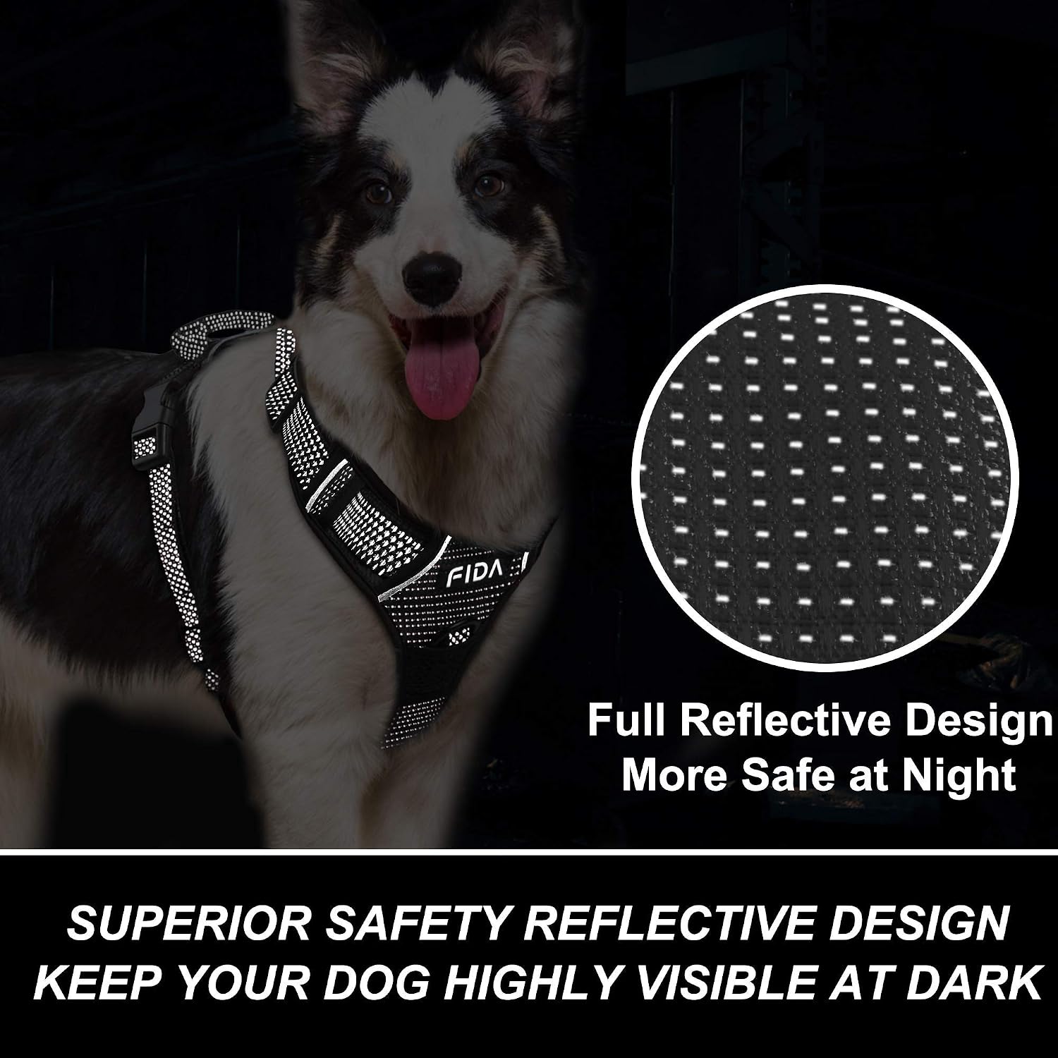 Fida Dog Harness Full Reflective Design, No-Pull Pet Vest Harness with 2 Leash Clips, Adjustable Soft Padded with Easy Control Handle for Large Dogs(L, Black)