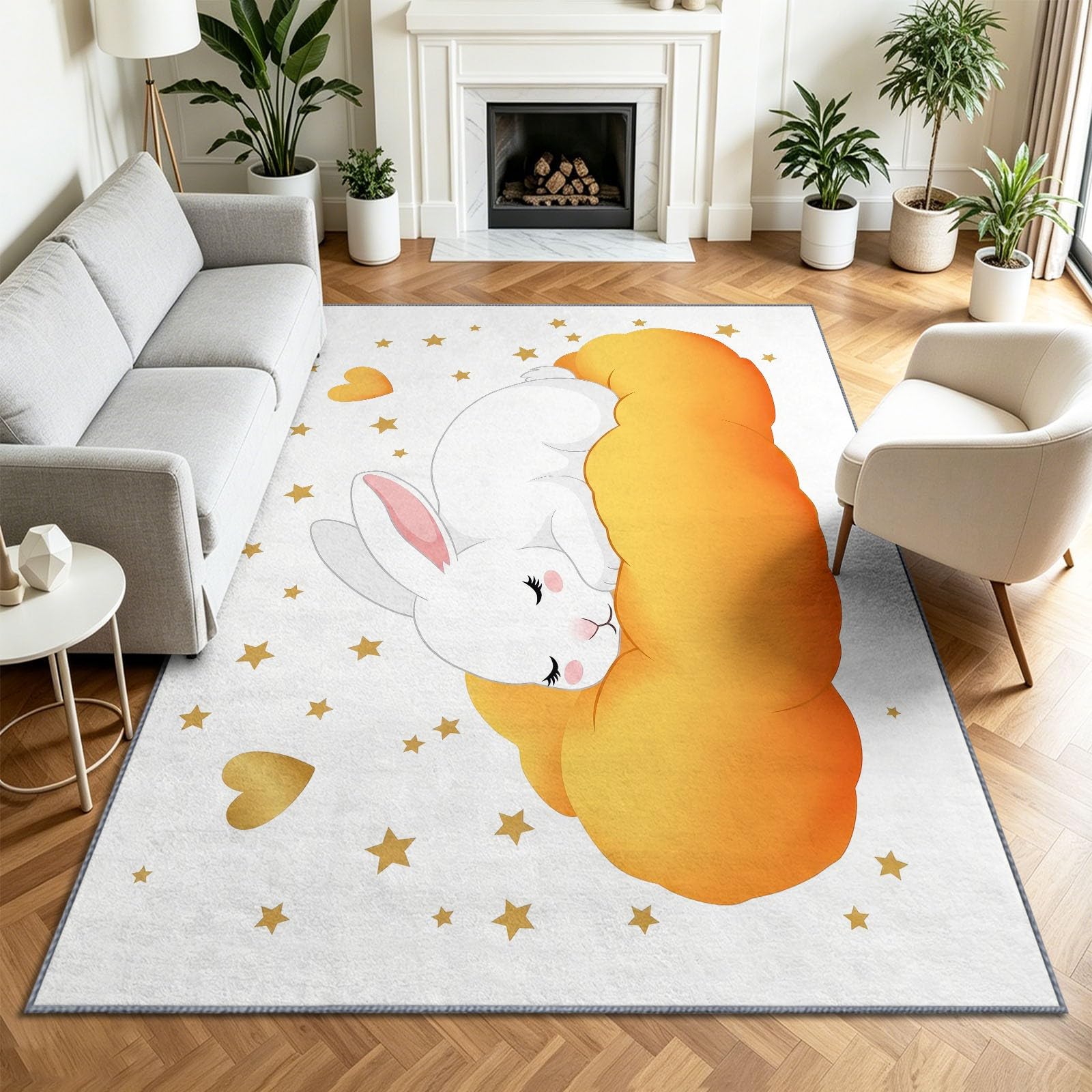 Tappeto con coniglio, nuvola e stelle, 80 x 150 cm, lavabile, per soggiorno, a pelo basso, antiscivolo, morbido, per interni, camera da letto, dormitorio, stanza dei giochi