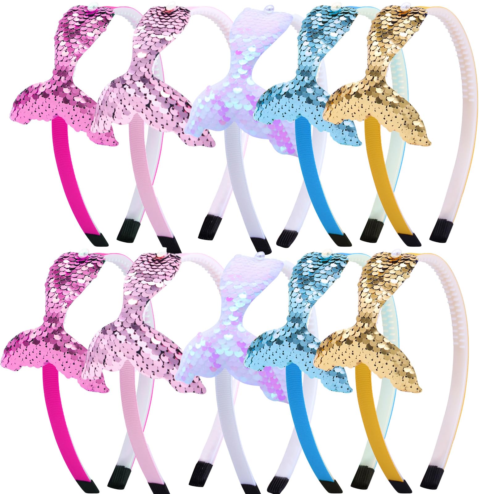 10 PCS Mermaid Headband Glitter Sequins Hair Bands with Teeth Reversible Fish Tail with Pearl Women Girls Hair Accessories Birthday Headdress Decoration Supplies Present for Toddlers Kids Children