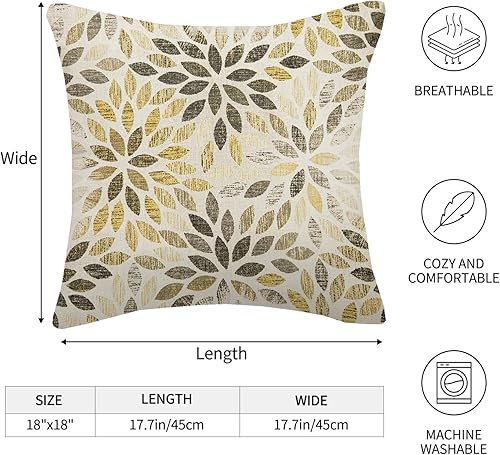 Miniatura 6 de Juego de 2 fundas de almohada de 18 x 18 pulgadas, color gris, amarillo y negro, fundas de almohada cuadradas de lino con flores geométricas de