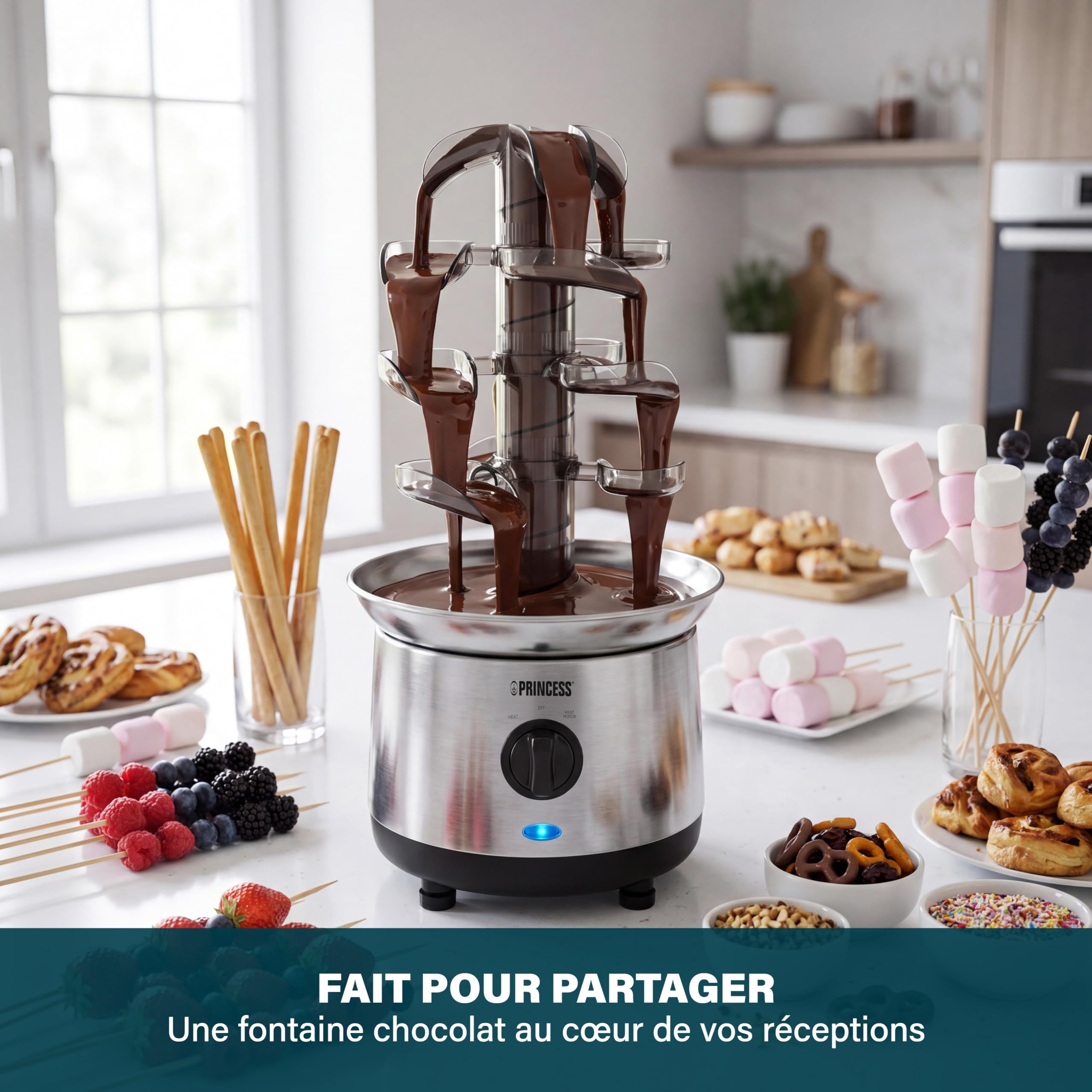 Princess Fontaine à Chocolat en Acier Inoxydable, 4 Niveaux, Fonction Maintien au Chaud, Pompe et Température Réglables, Pour Desserts et Fêtes, 01.293000.01.001