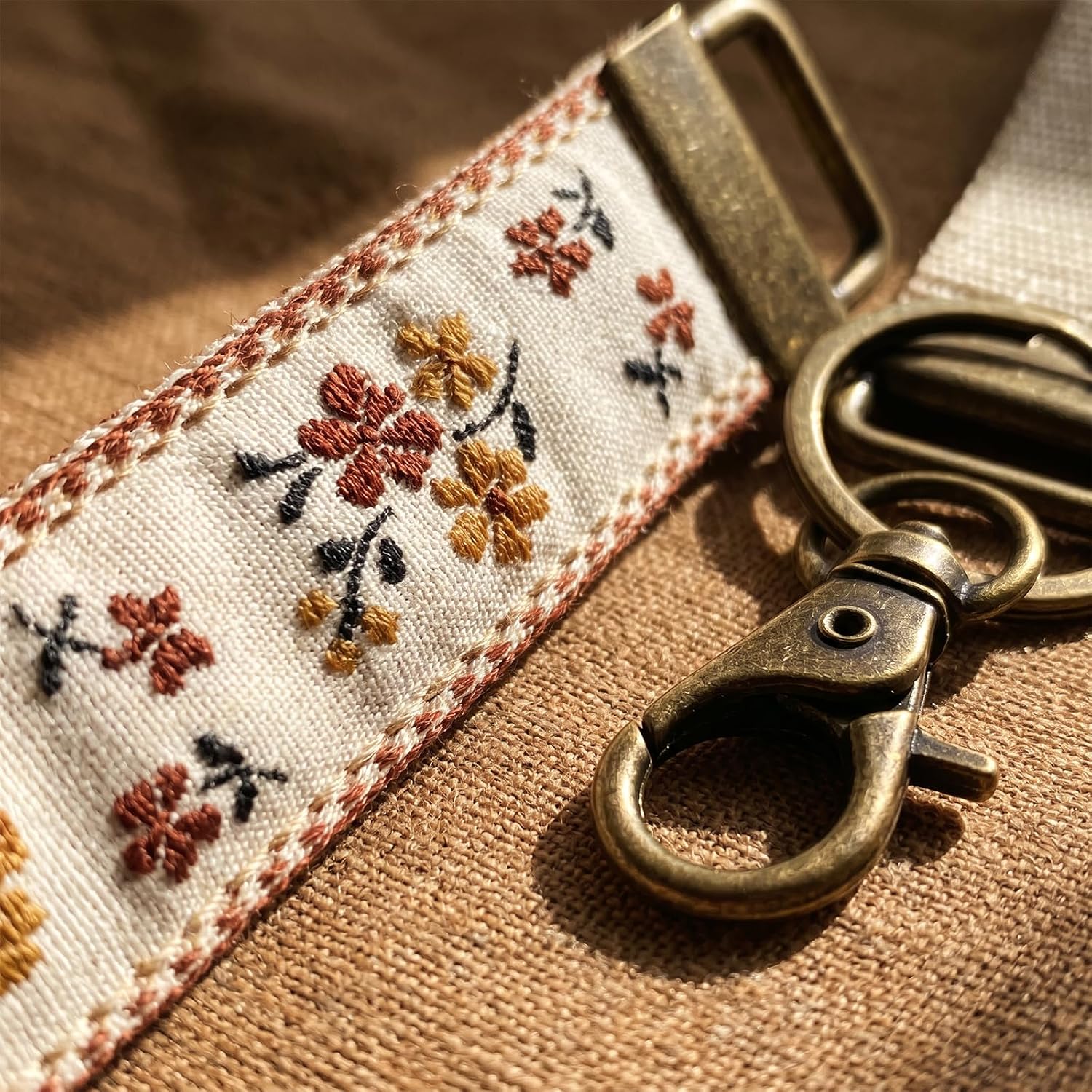 Stylish Embroidered Keychain Wristlet for Women, Portable Fabric Wrist Keychain with Metal Hardware
