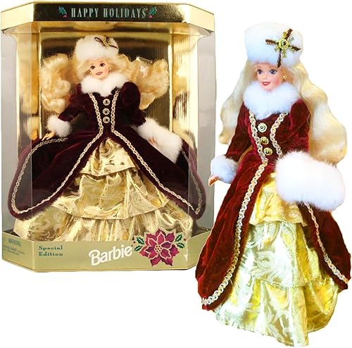 Mattel Año 1996 Barbie Hallmark Edición Especial Muñeca de 12 pulgadas - HAPPY HOLIDAYS 1996 Barbie en vestido de piel sintética con