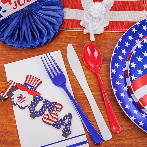 Miniatura 7 de GATHER 175 platos del 4 de julio, cubiertos de plástico azul, blanco y rojo y copas azules transparentes, platos de plástico de la bandera