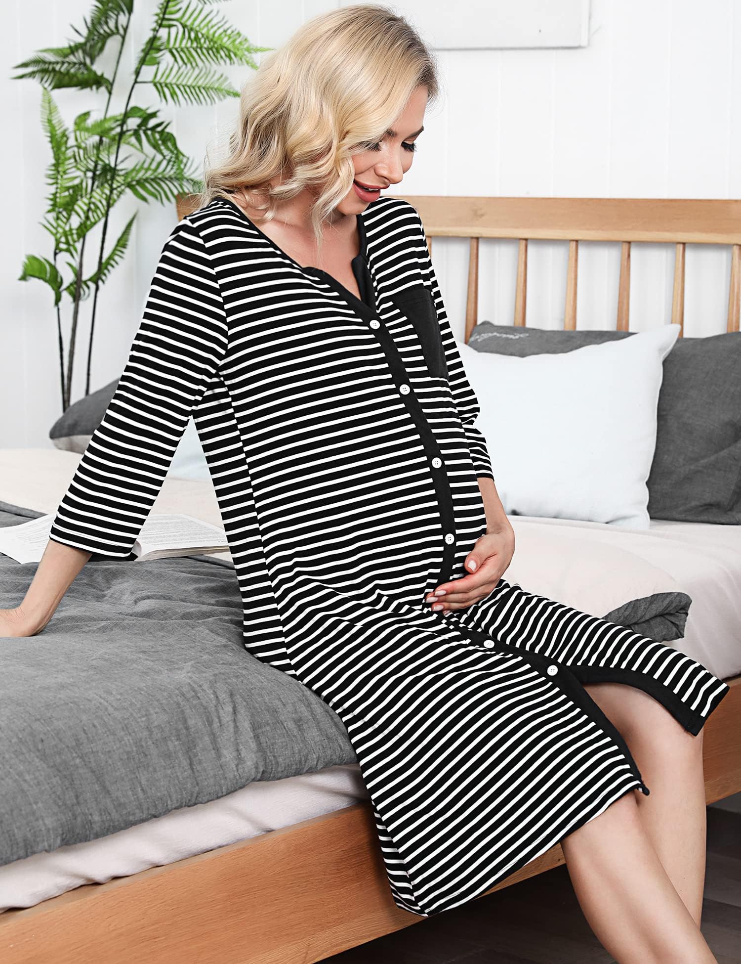 Marvmys Camisón de Lactancia Algodón Camisón Hospital Lactancia Verano con Botones a Rayas Camisón Maternidad Hospital Mangas 3/4-Negro-Tamaño M