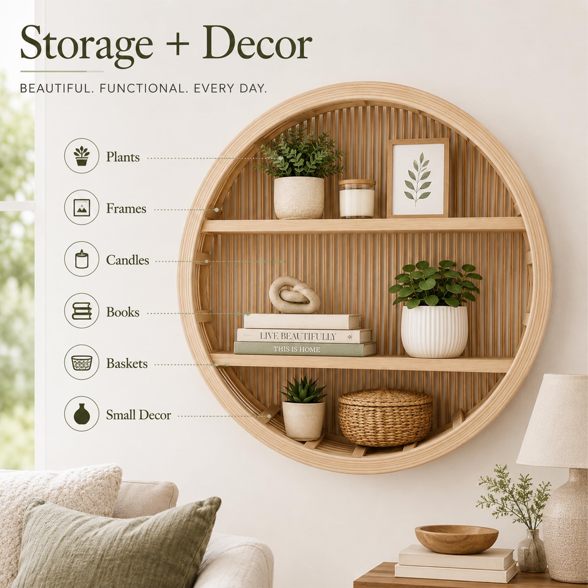 JSWHYBD Estante Redondo de Pared Boho, Organizador Decorativo con baldas