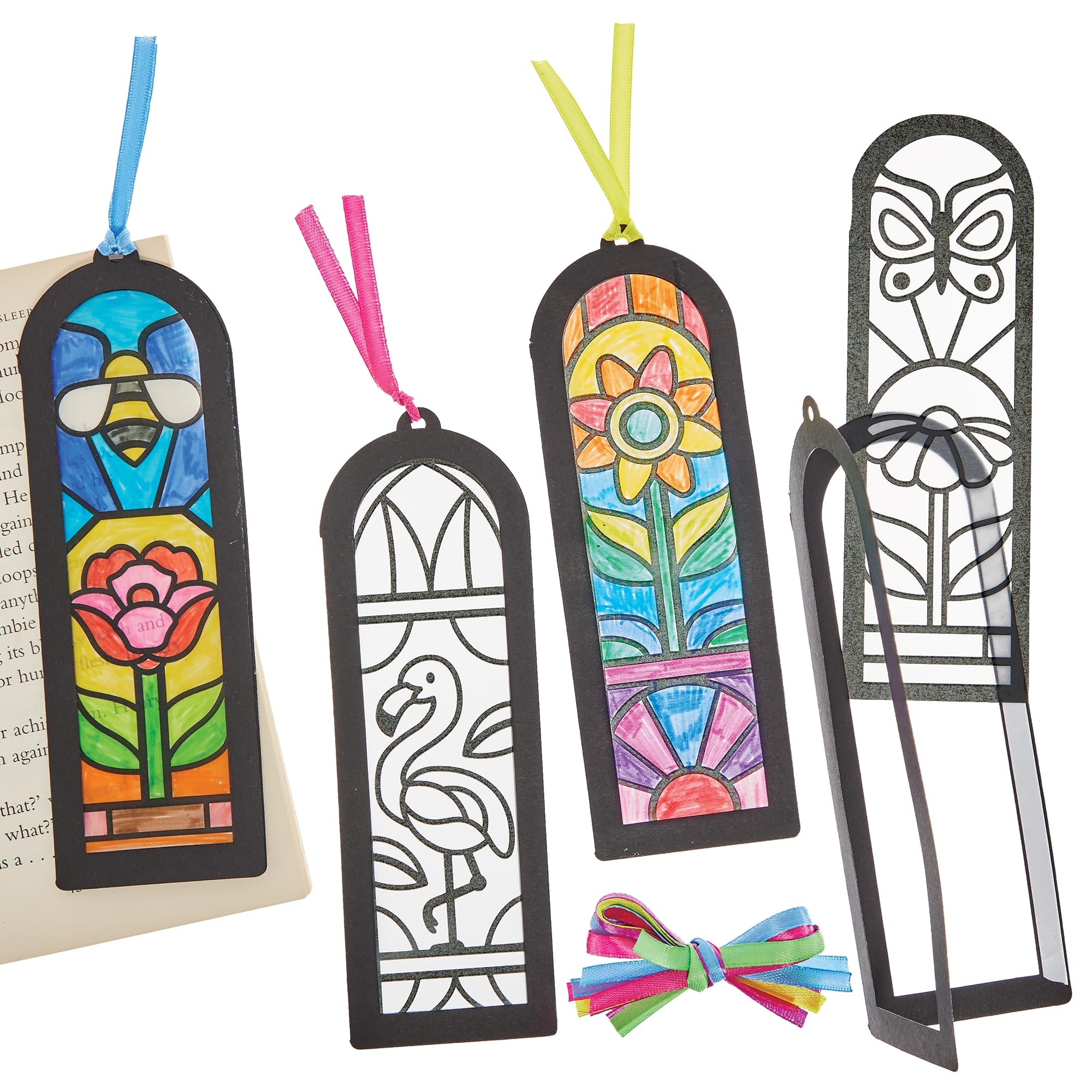 Baker Ross FN559 Summer Stained Glass Effect Colour-in Bookmarks - Pack of 10, Bookmark Making for Kids, World Book Day Crafts