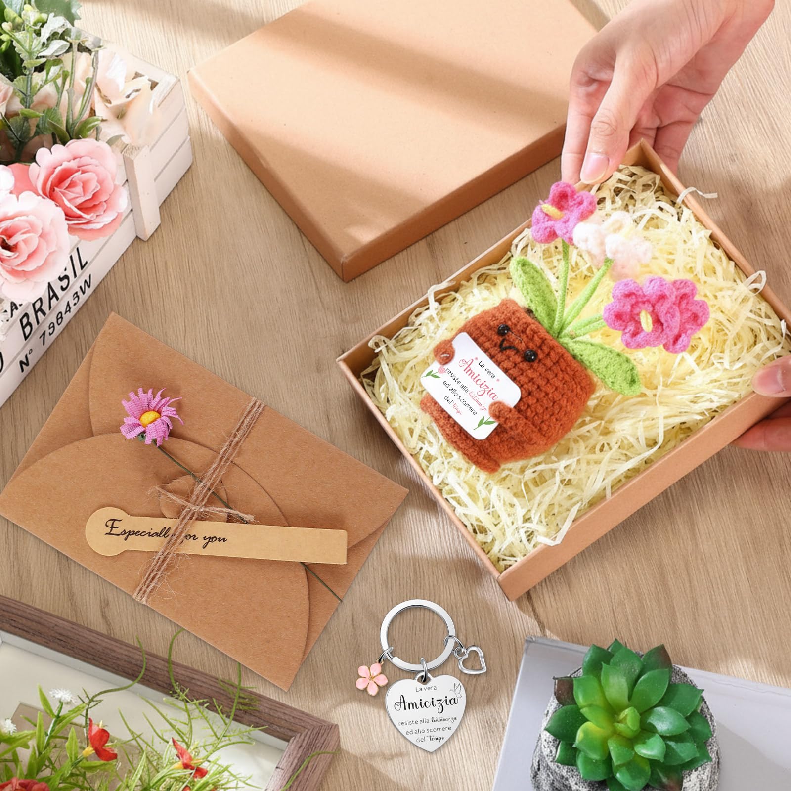 Skylety 3 Regali per Amica Sorella Maestra Piante in Vaso Lavorate a Maglia Portachiavi Biglietti di Auguri con Fiori Secchi Regalo di Ringraziamento per Natale Compleanno