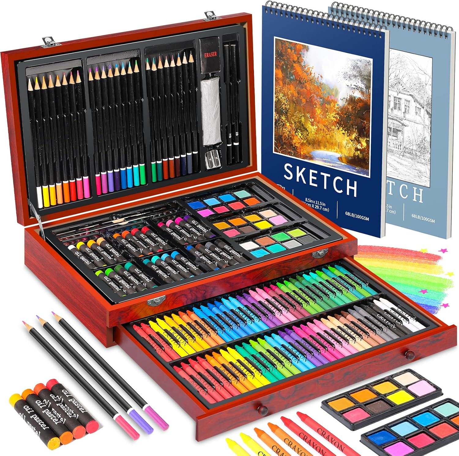 Hapikalor Art Supplies for Adults,156-Pack Art Kit Drawing Set with 2 Sketch Book, Crayons, Colored Pencils, Arts and Crafts, Christmas Gifts Art Supplies for Girls Boys Ages 6-8 9-12 13 14 Year Old